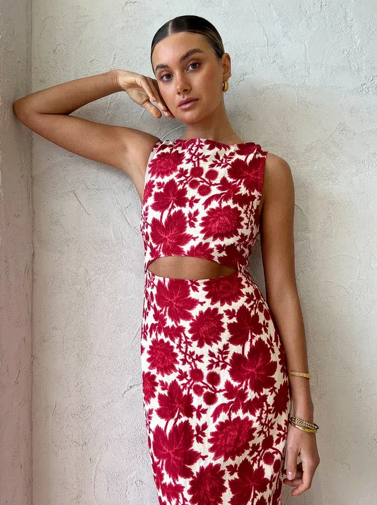 Sir The Label Cinta Linen Cut Out Midi Dress Red Floral Size 1/AU 8 - Image 4