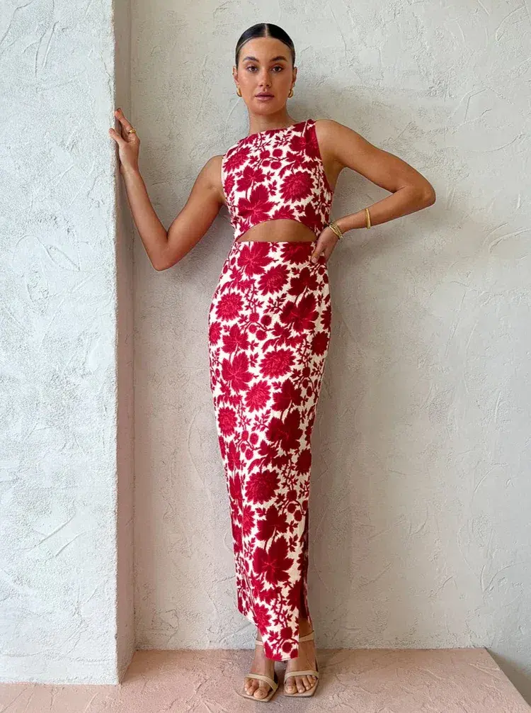 Sir The Label Cinta Linen Cut Out Midi Dress Red Floral Size 1/AU 8 - Image 1