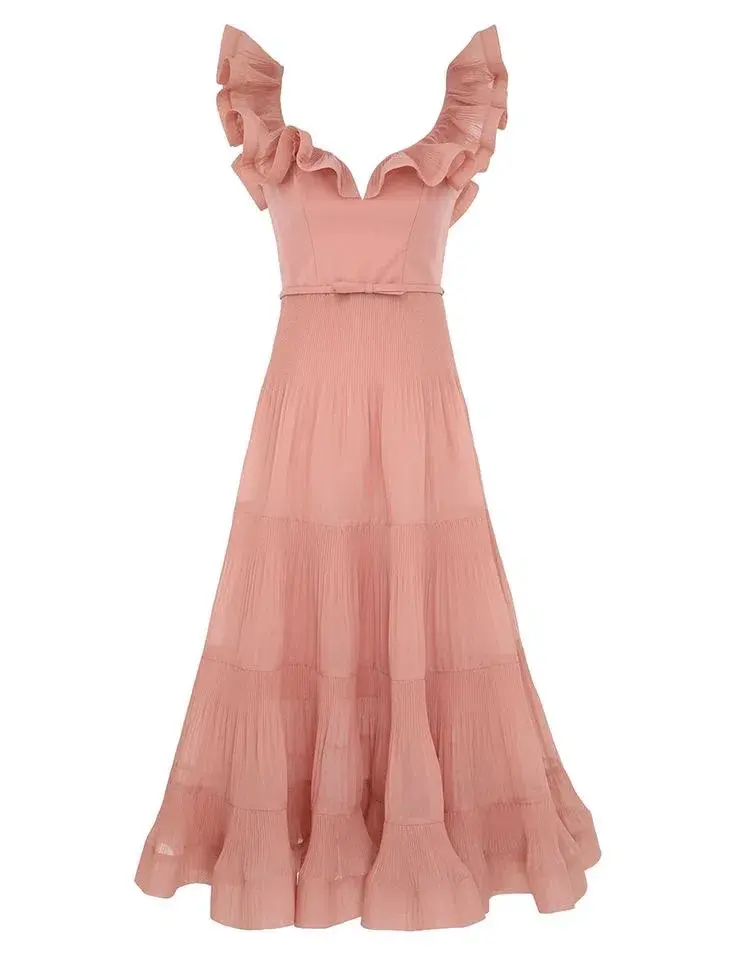 Zimmermann Pleated Frill Midi Dress Lipstick Size AU 16 - Image 3