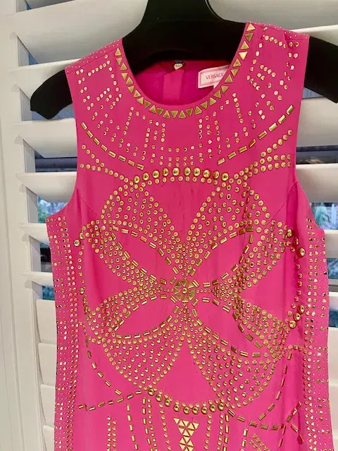 Versace H&M Party Pink Gold Mini Sild Dress Size 8 for rent on The Volte - main image