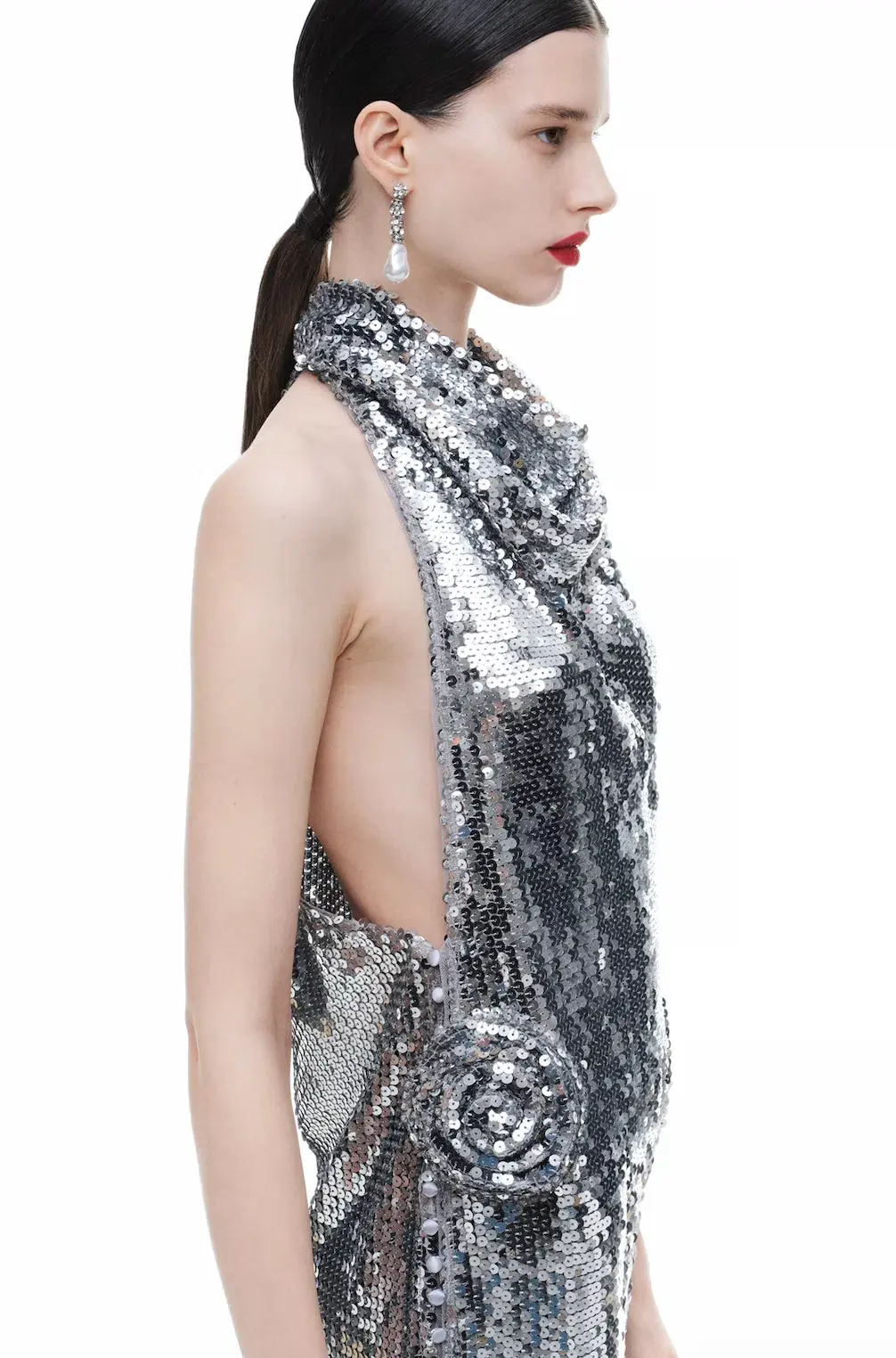 Magda Butrym H&M Sequin Rose Appliqué Maxi Dress in Silver Size XL AU 12 - Image 2