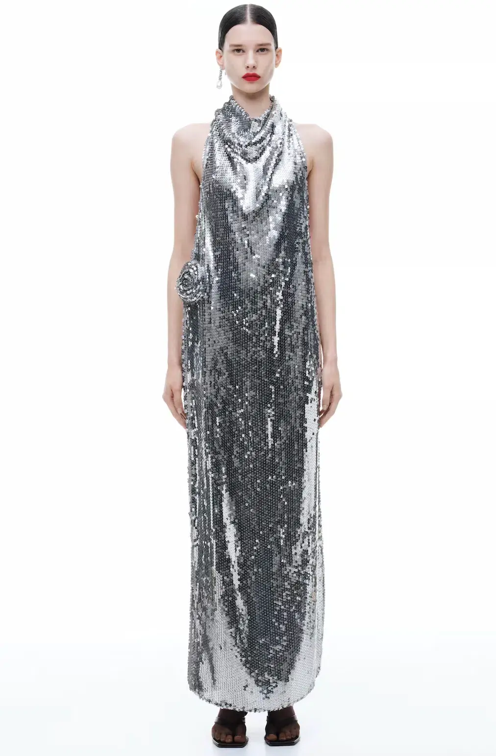 Magda Butrym H&M Sequin Rose Appliqué Maxi Dress in Silver Size XL AU 12 for rent on The Volte - main image