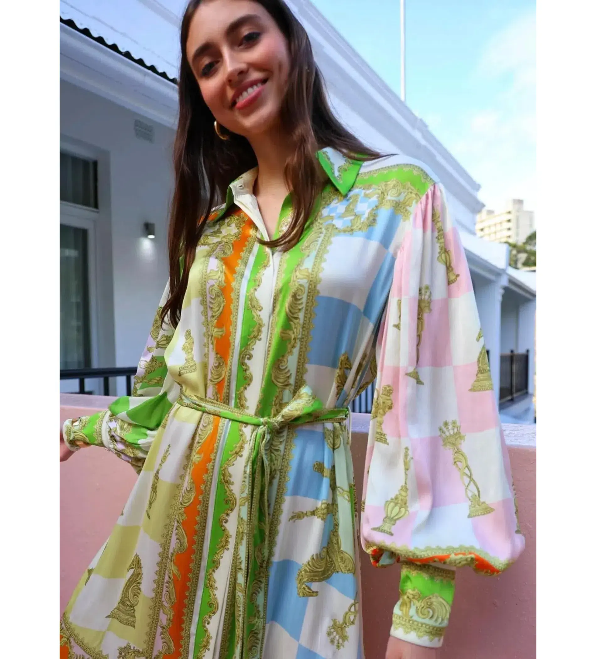 Alemais Checkmate Silk Midi Shirtdress Multi Print Size AU 10 - Image 8