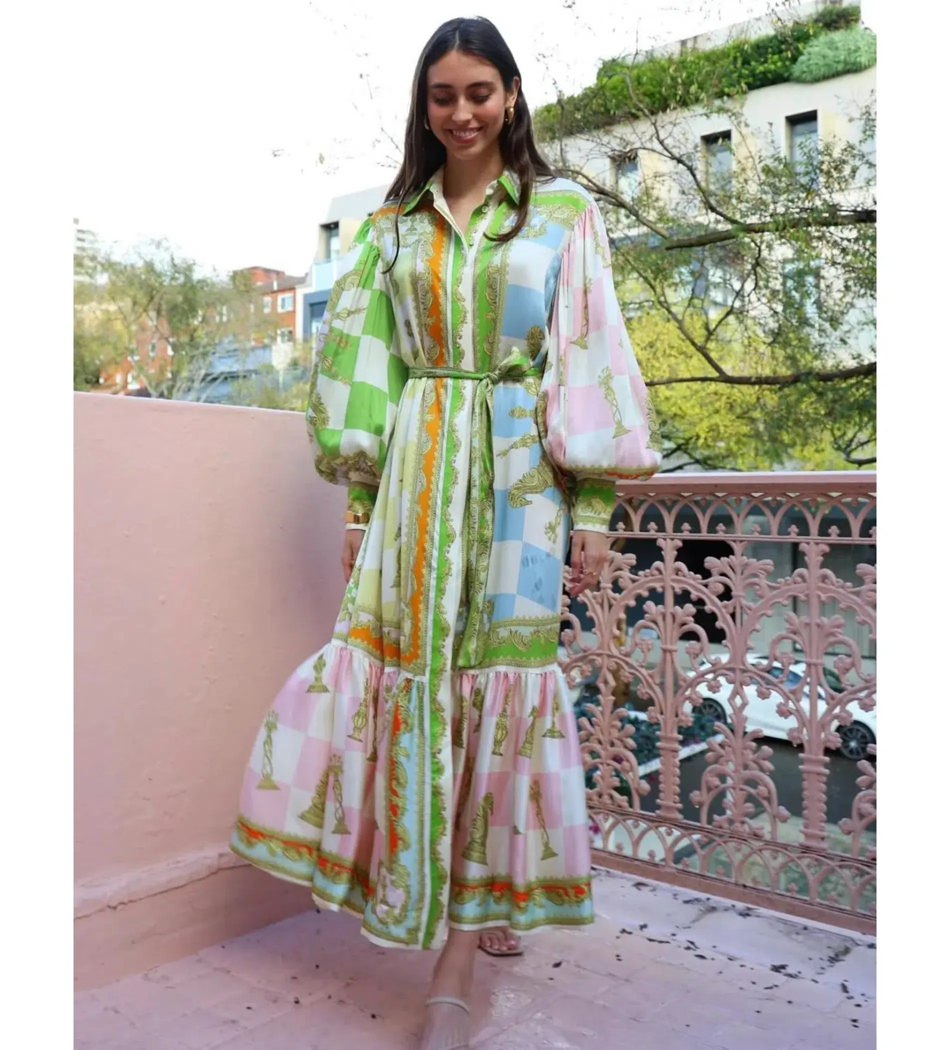 Alemais Checkmate Silk Midi Shirtdress Multi Print Size AU 10 - Image 2