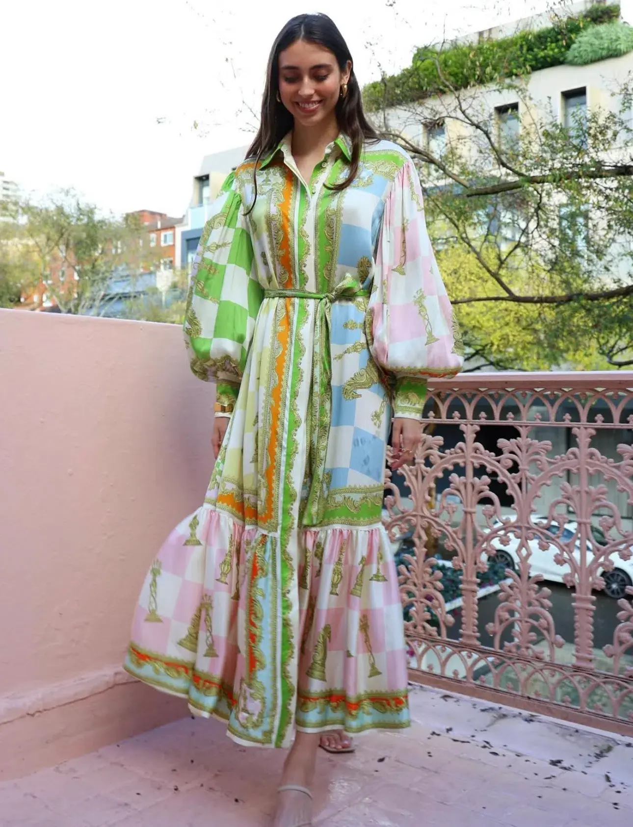Alemais Checkmate Silk Midi Shirtdress Multi Size 12 - Image 1