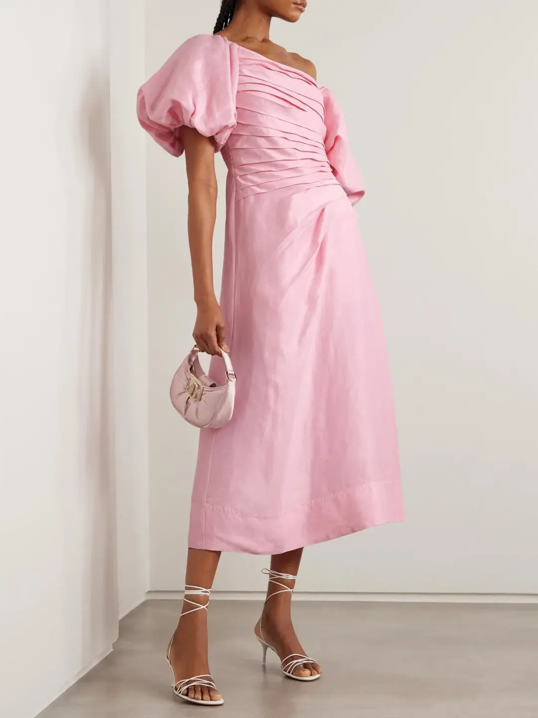 Aje Cadence Ruched Midi Dress in Ballerina Pink Size 10 for rent on The Volte - main image
