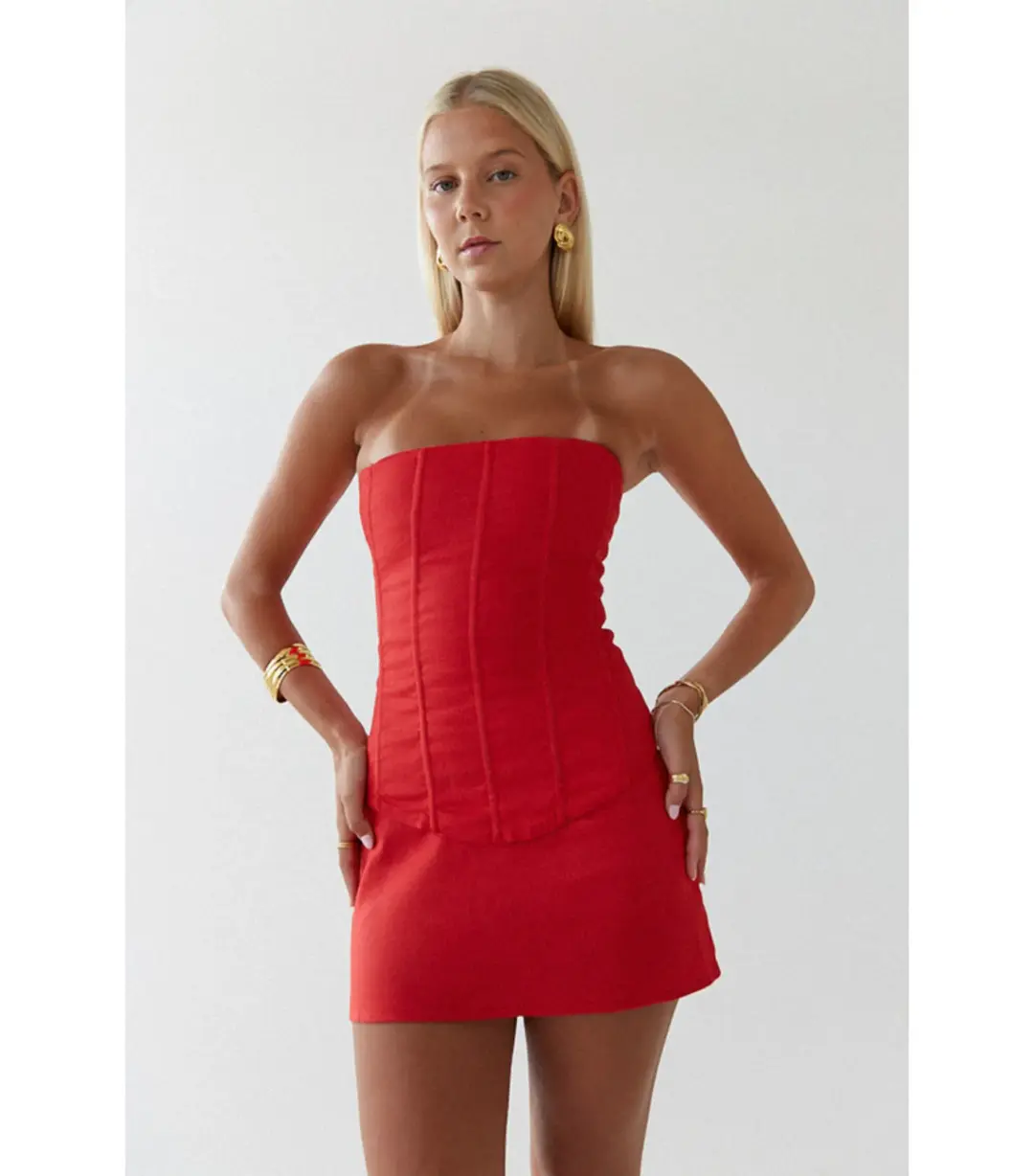 HNTR the label Aurora Corset and Aura Mini Skirt Set in Red Size AU 8 for rent on The Volte - main image