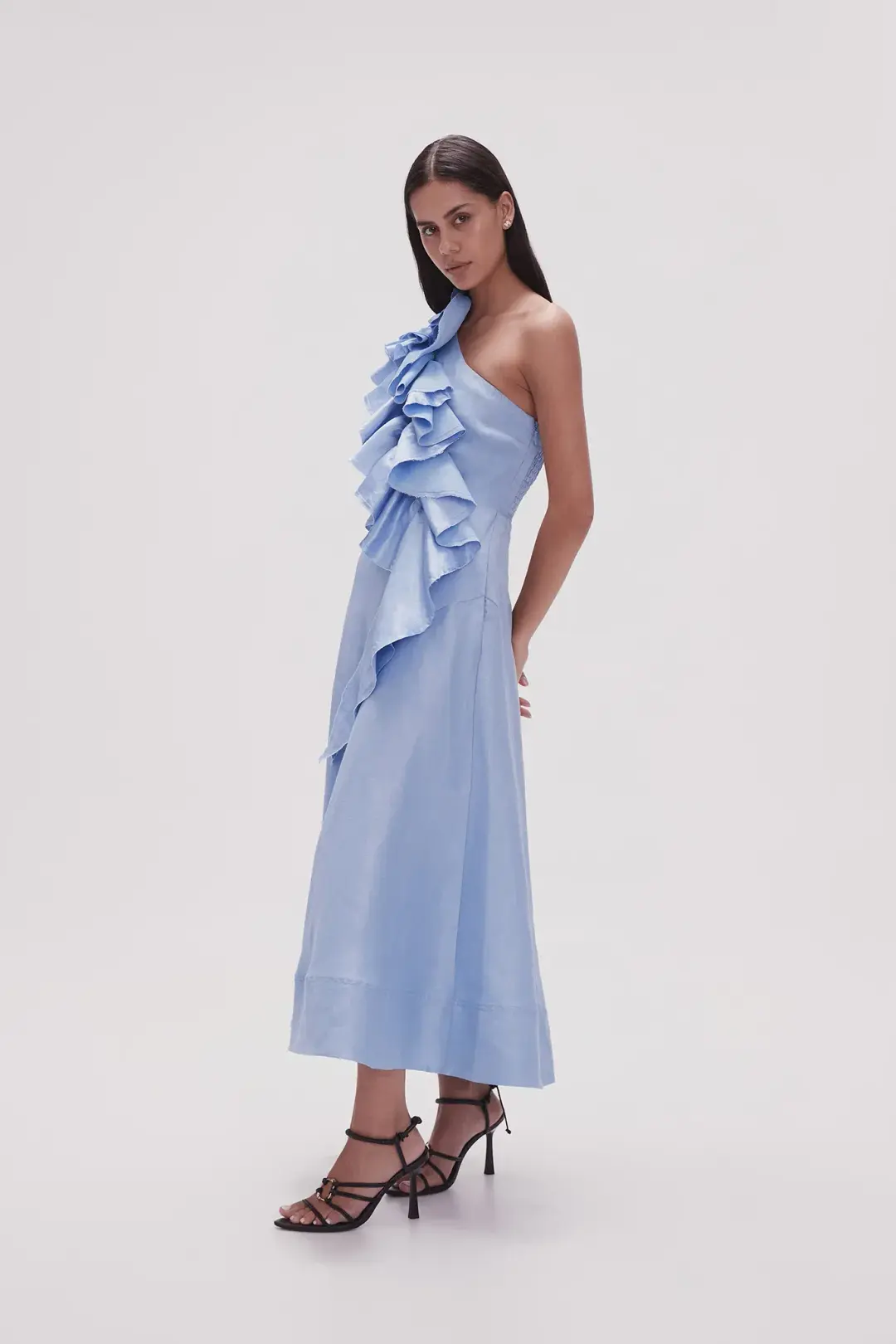 Aje Adelia Ruffle Midi Dress Light Sky Blue Size AU 10  for rent on The Volte - main image