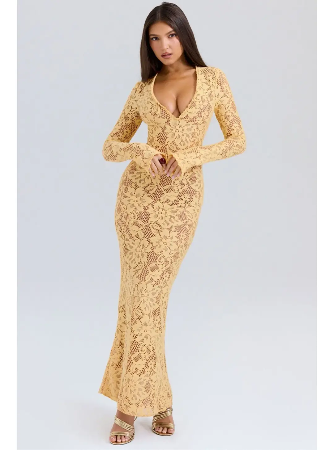 House of CB Indiana Plunge Lace Maxi Dress Apricot Size M / AU 10 for rent on The Volte - main image