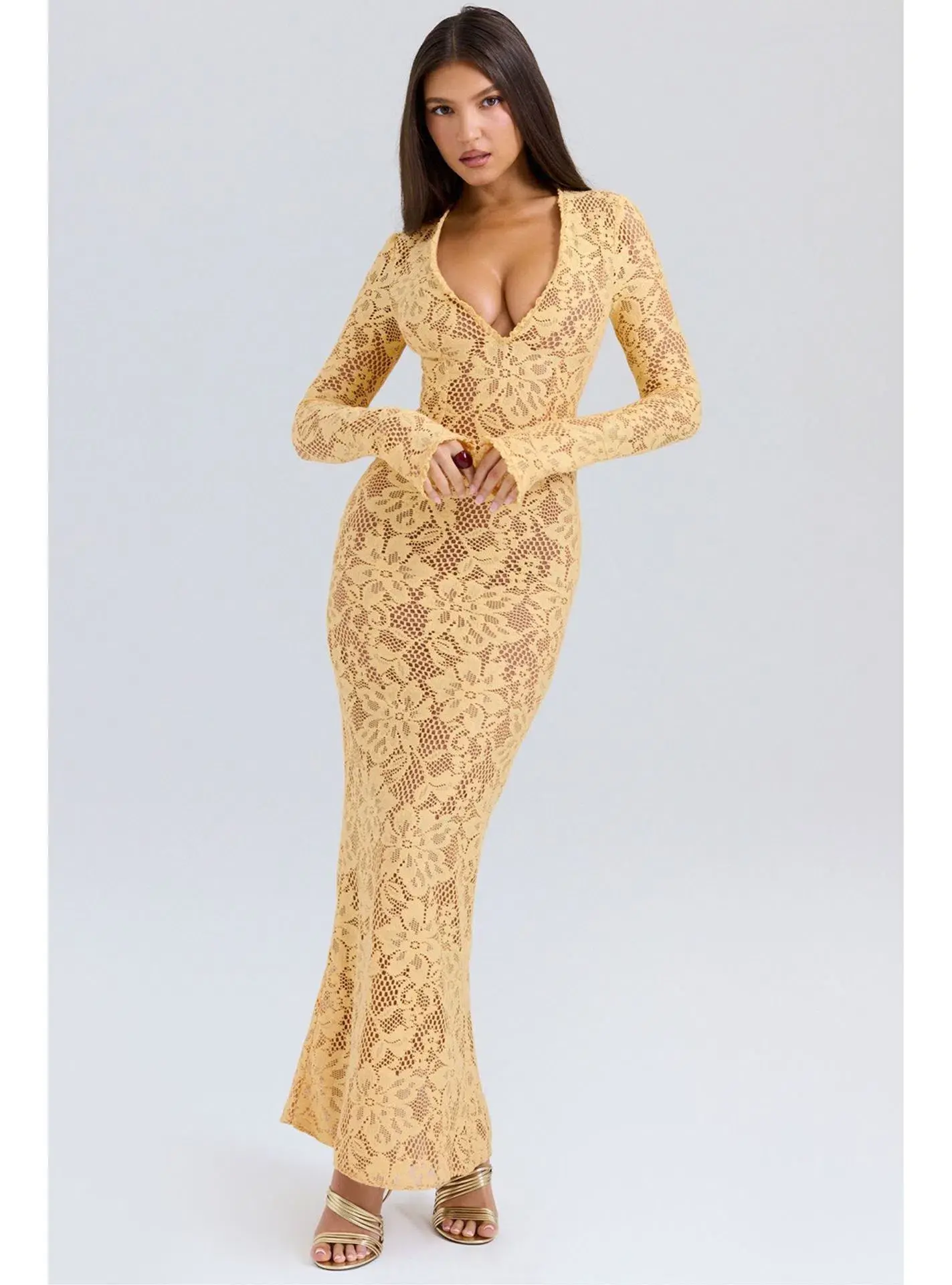 House of CB Indiana Plunge Lace Maxi Dress Apricot Size M / AU 10 - Image 2