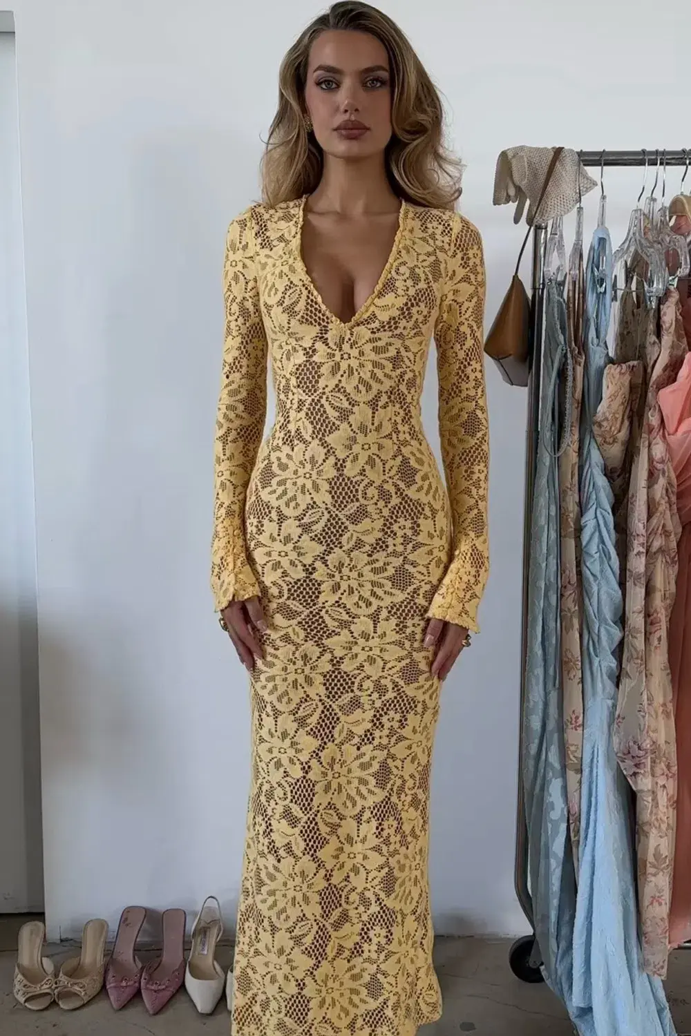 House of CB Indiana Plunge Lace Maxi Dress Apricot Size M / AU 10 for rent on The Volte - main image