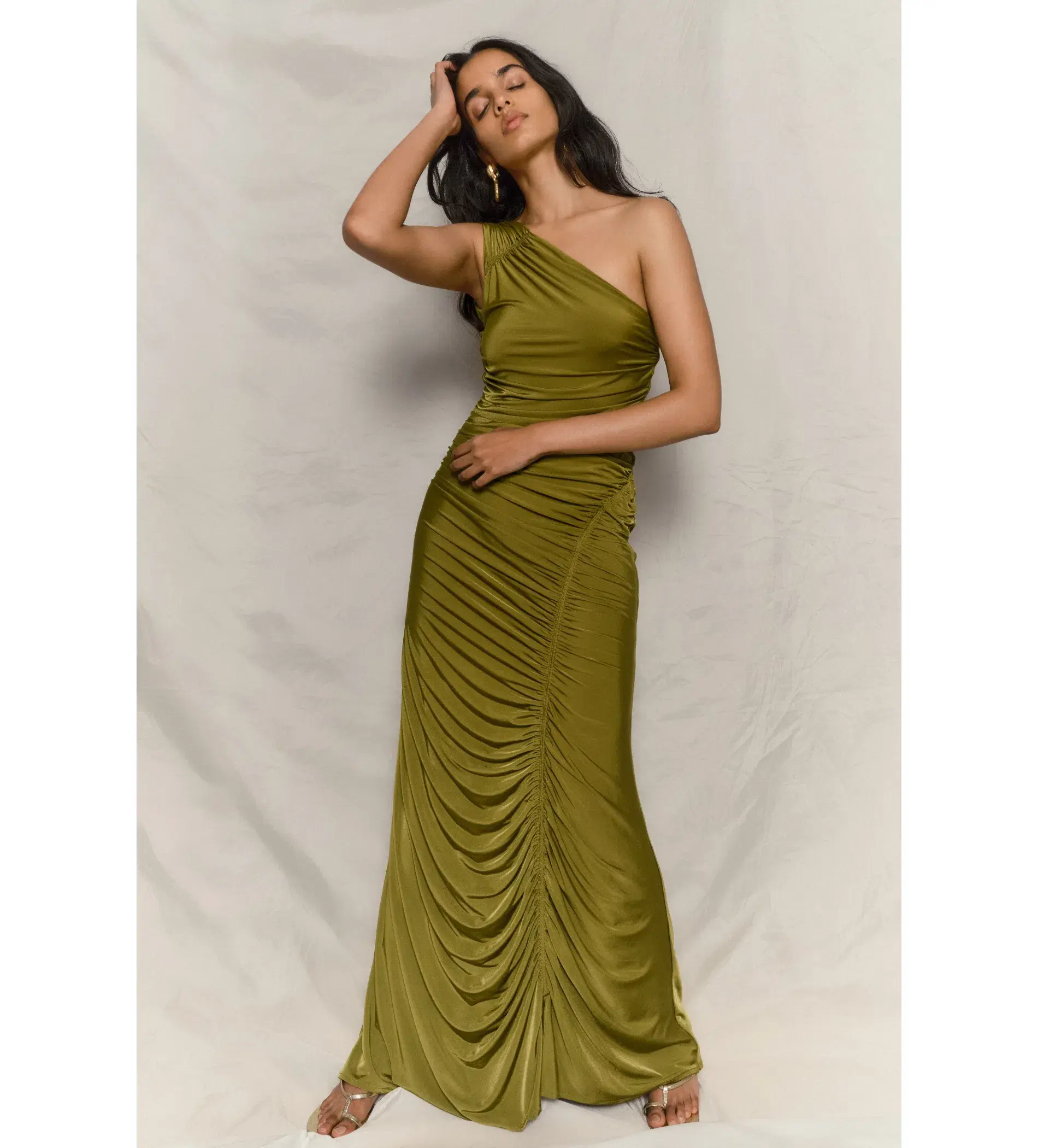 Meshki Capri Gathered Slinky Maxi Dress Vintage Olive Size 6/XS - Image 3