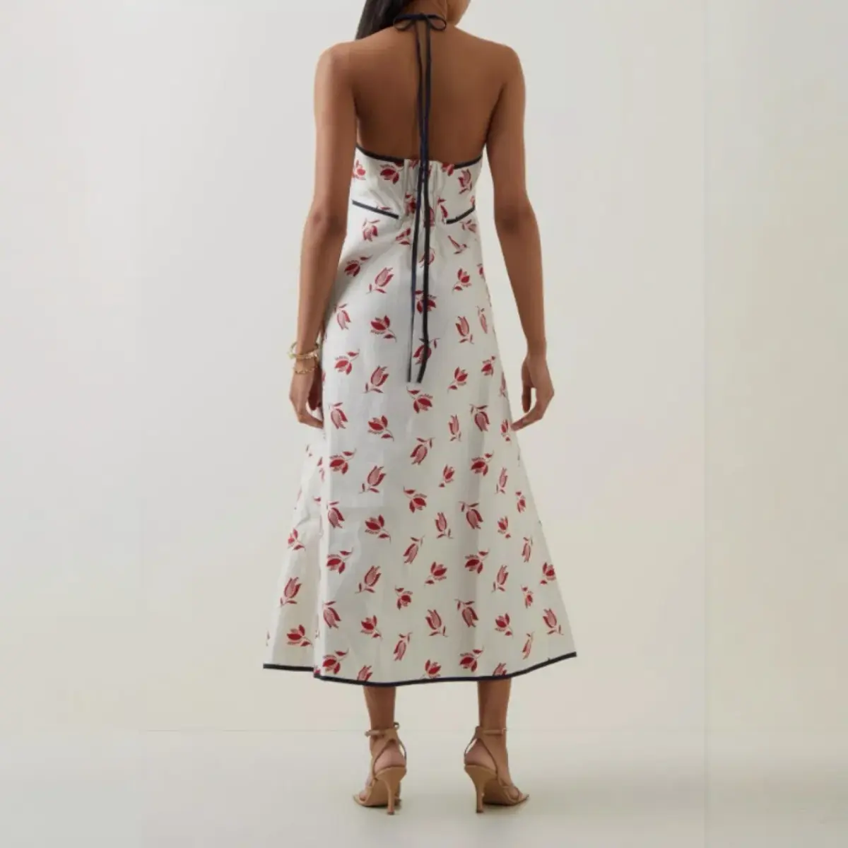 OROTON Dutch Tulip Halter Low Back Linen Midi Dress Ecru Size AU 14  - Image 2