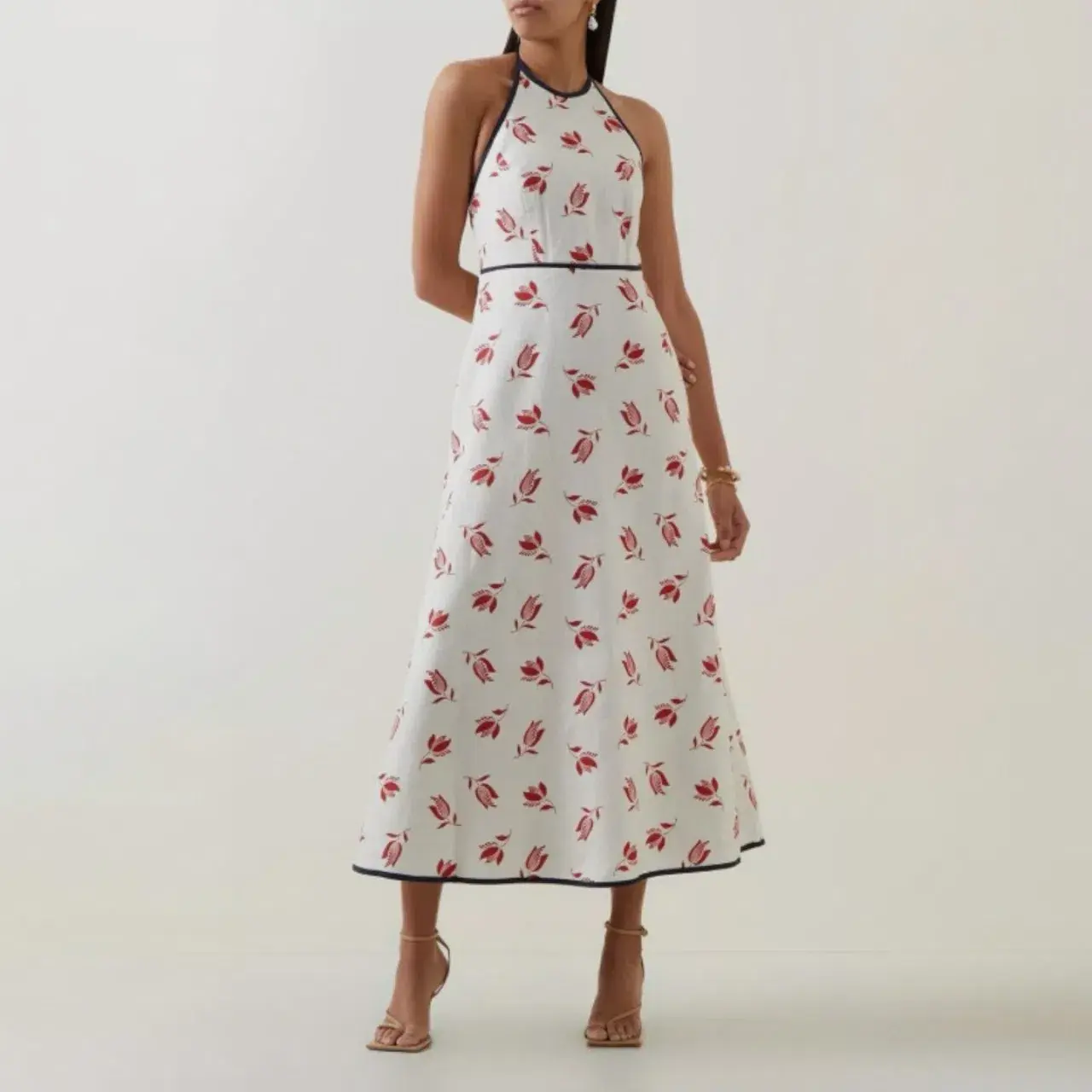 OROTON Dutch Tulip Halter Low Back Linen Midi Dress Ecru Size AU 14  - Image 1
