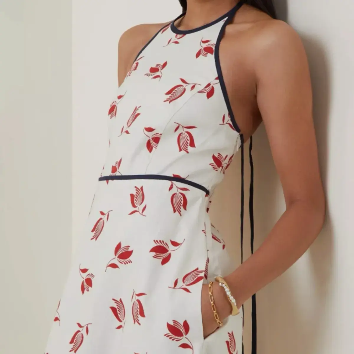 OROTON Dutch Tulip Halter Low Back Linen Midi Dress Ecru Size AU 14  - Image 3