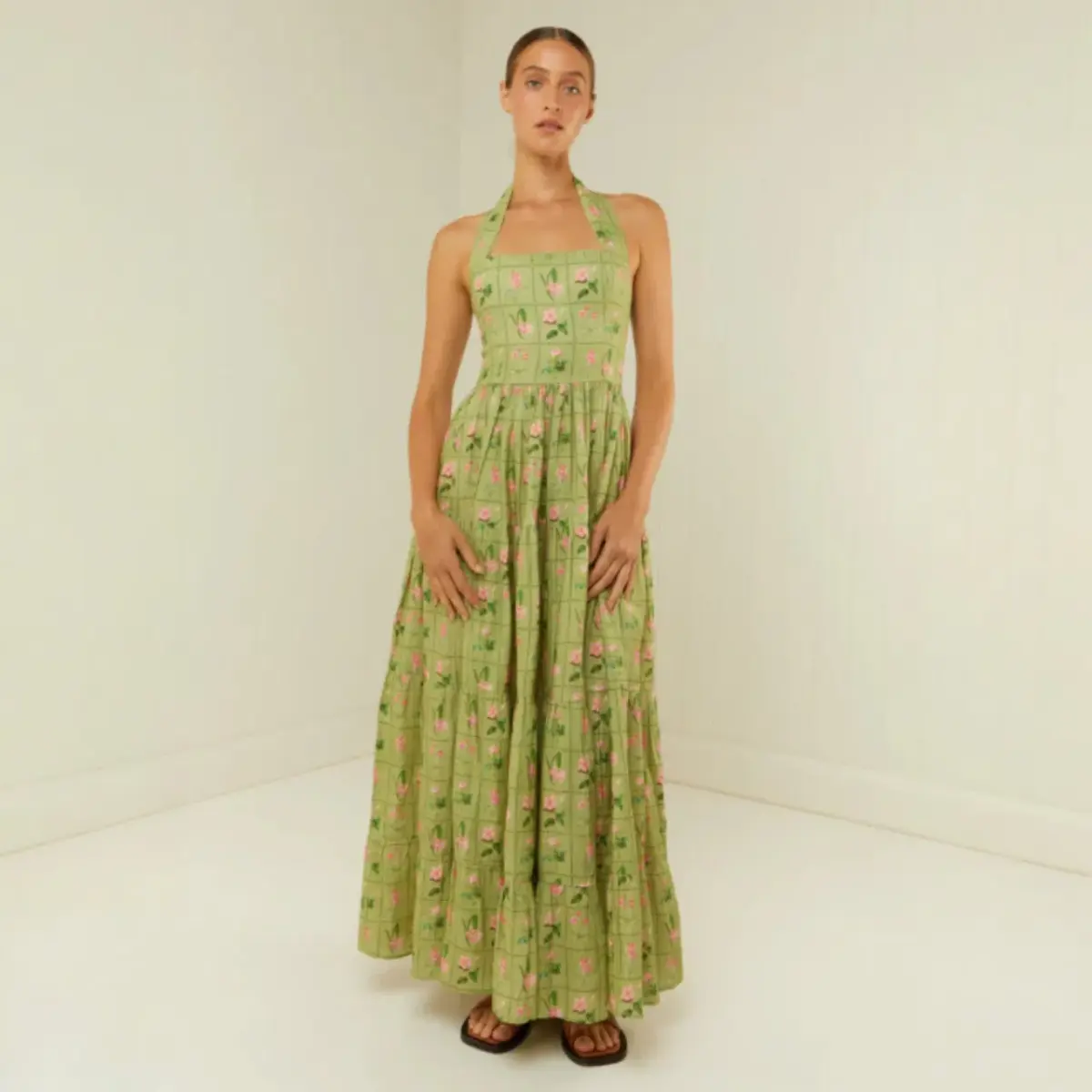PALM NOOSA Willow Linen Midi Dress Green Floral Tile Size AU 14 - Image 1