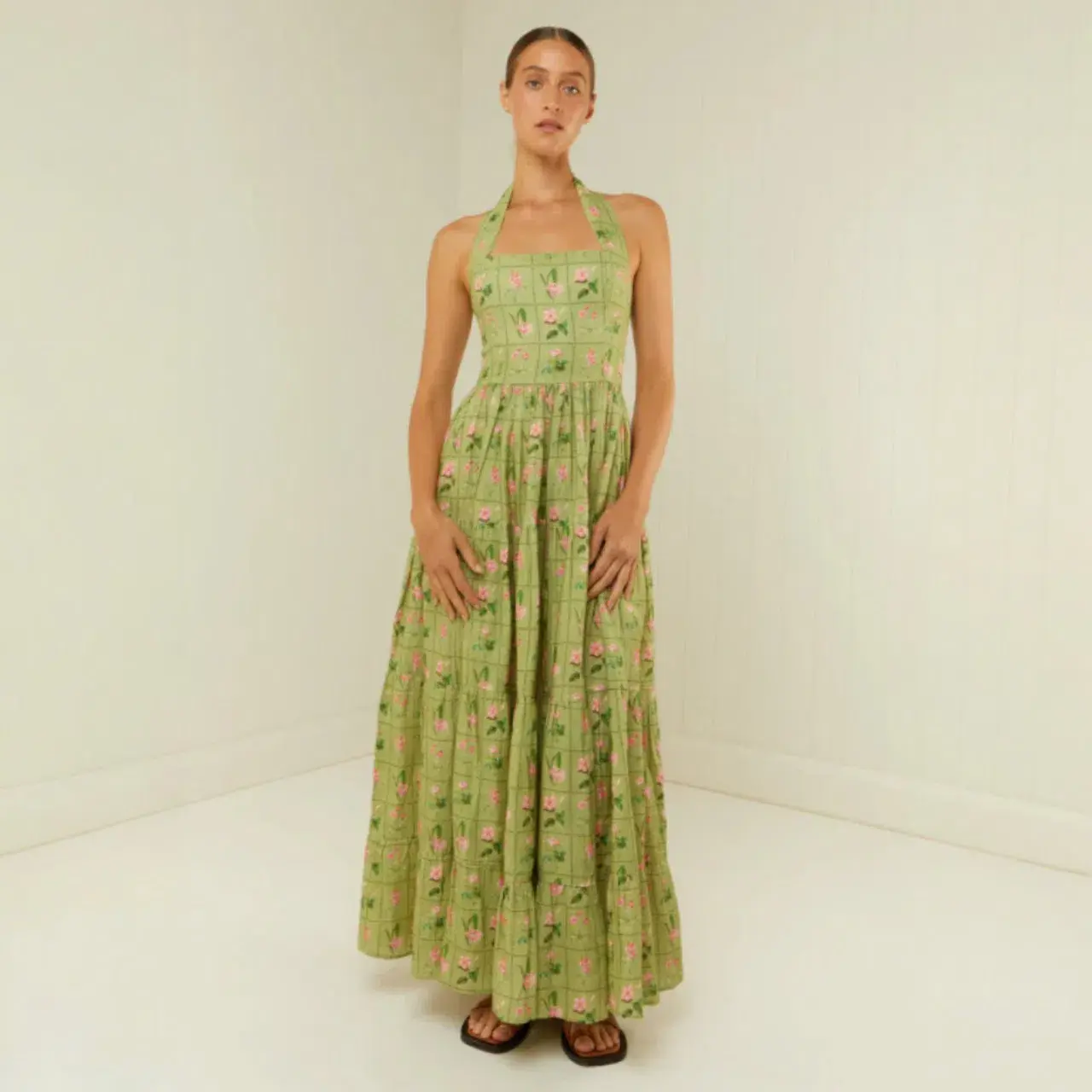 PALM NOOSA Willow Linen Midi Dress Green Floral Tile Size AU 14 - Image 1