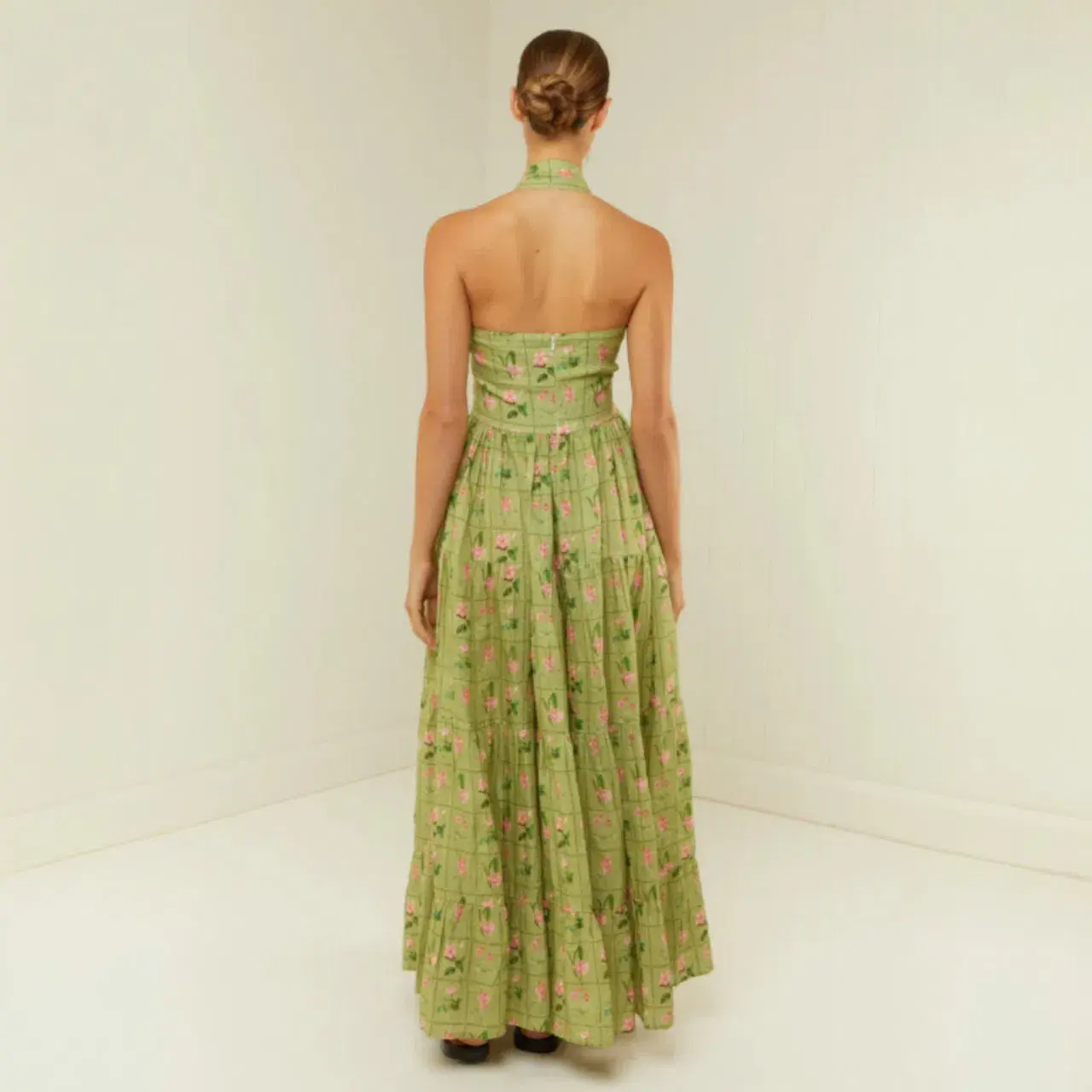 PALM NOOSA Willow Linen Midi Dress Green Floral Tile Size AU 14 - Image 3