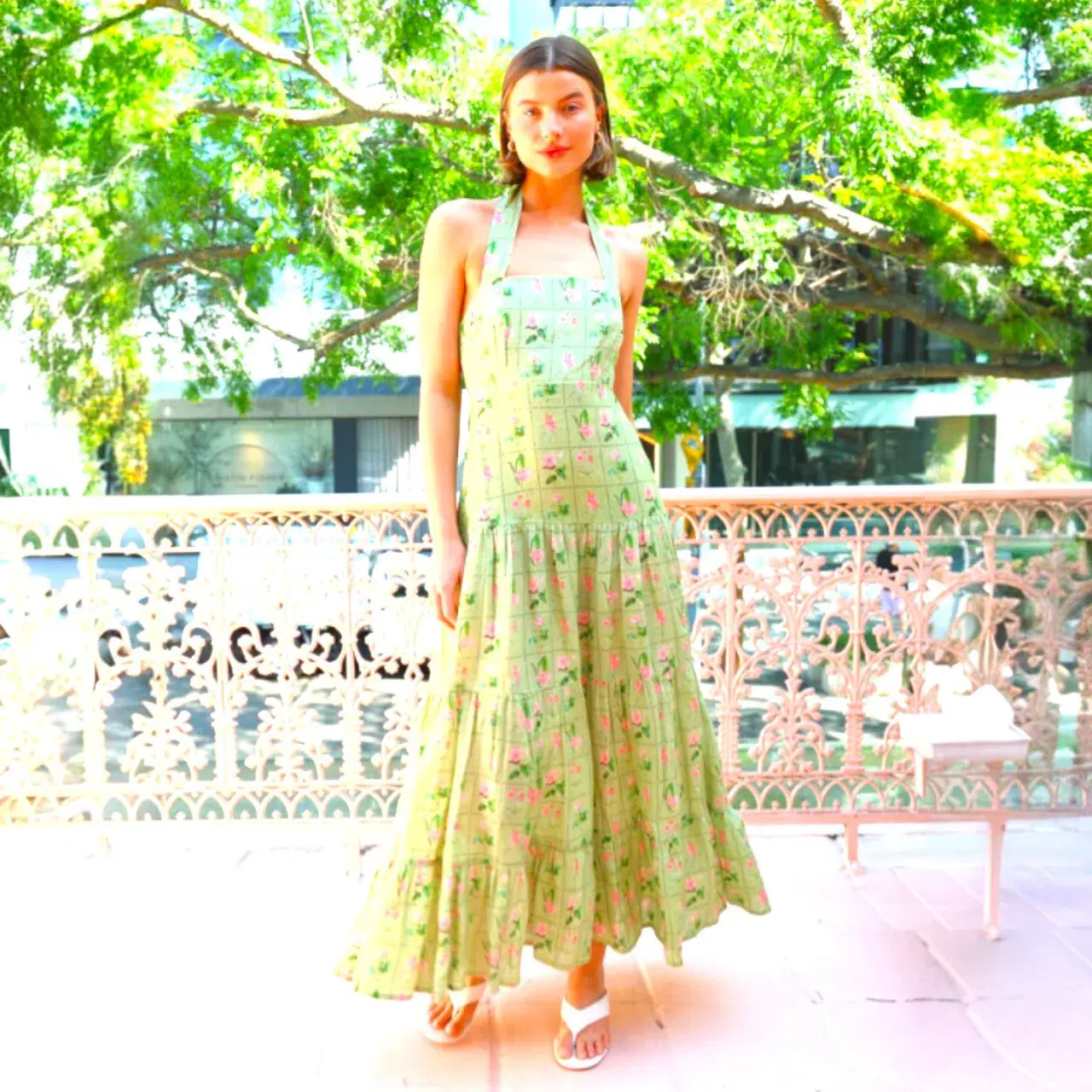 PALM NOOSA Willow Linen Midi Dress Green Floral Tile Size AU 14 - Image 4