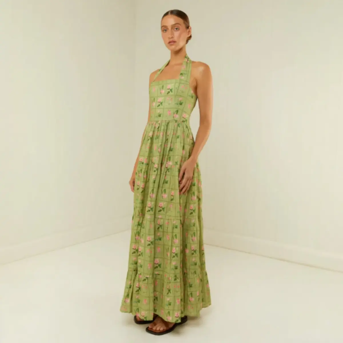 PALM NOOSA Willow Linen Midi Dress Green Floral Tile Size AU 14 - Image 2