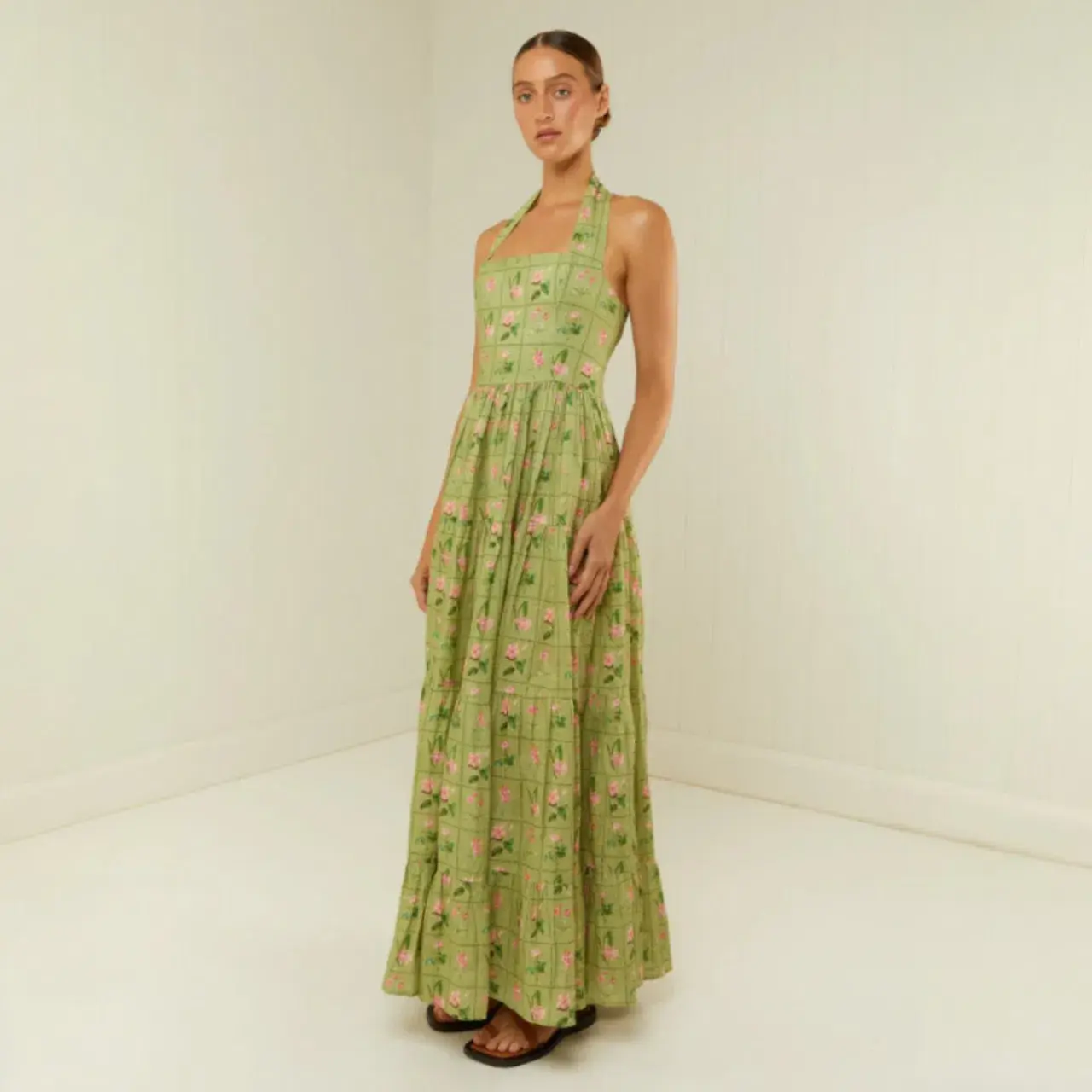 PALM NOOSA Willow Linen Midi Dress Green Floral Tile Size AU 14 - Image 2