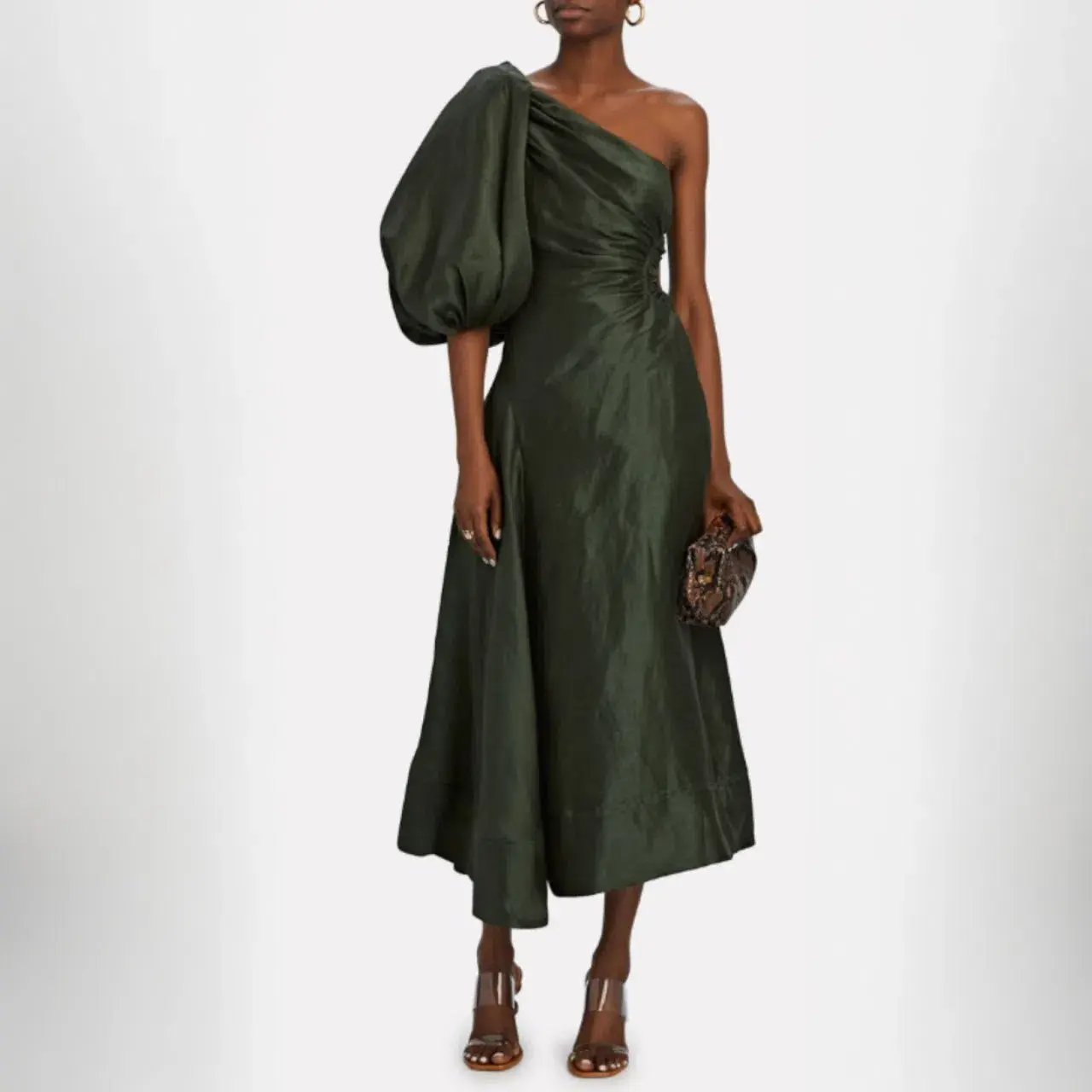 AJE Concept One Shoulder Puff Sleeve Midi Dress Green Size AU 10 - Image 1