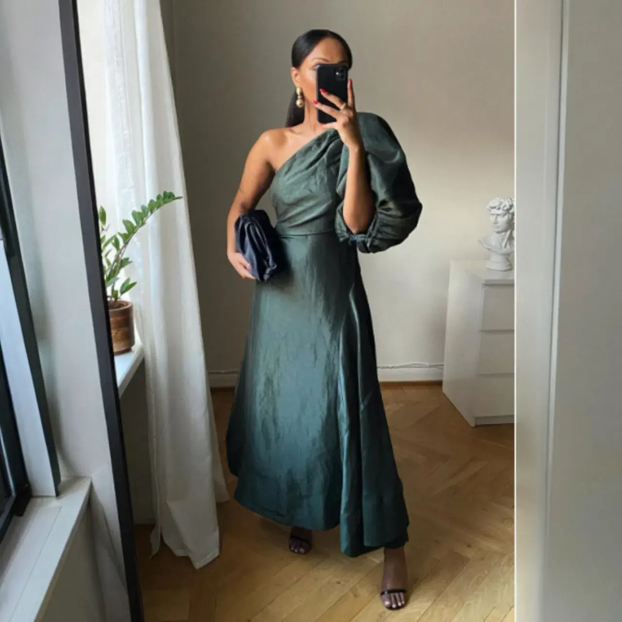 AJE Concept One Shoulder Puff Sleeve Midi Dress Green Size AU 10 - Image 3