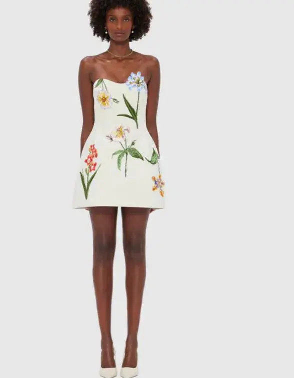Leo Lin Rosario Velvet Mini Dress Botanical Print Snow Size 8 - Image 1