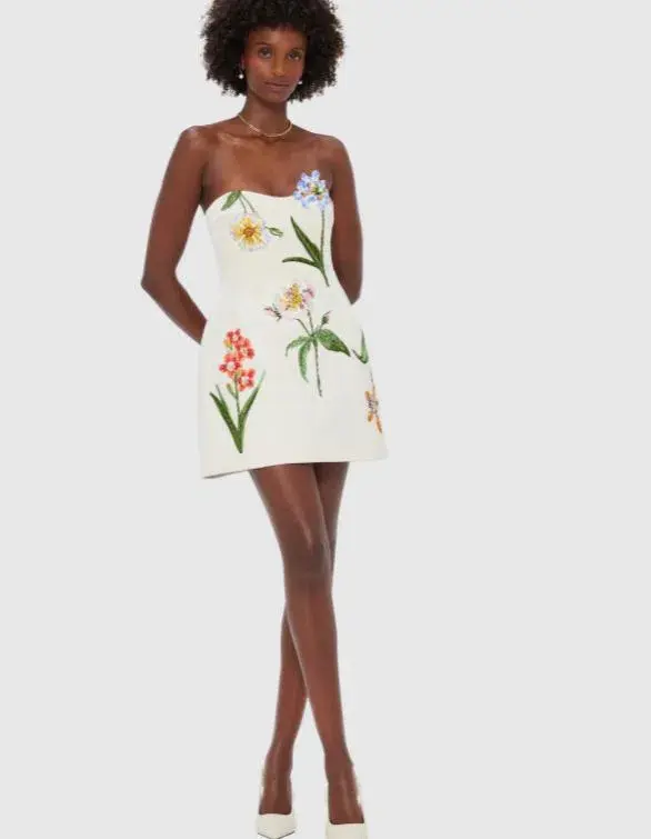 Leo Lin Rosario Velvet Mini Dress Botanical Print Snow Size 8 - Image 2