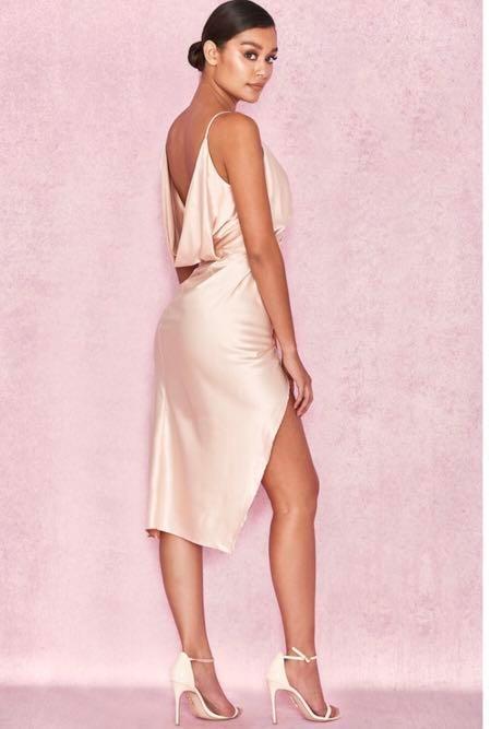 House of CB Coco Satin Drape Back Dress Beige Size 10 - Image 3