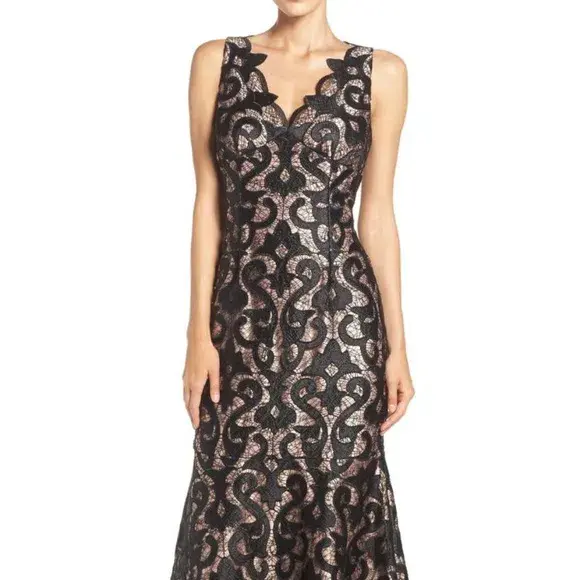 Adrianna Papell Guipure Mermaid Maxi Gown Black Nude Size 20 for rent on The Volte - main image