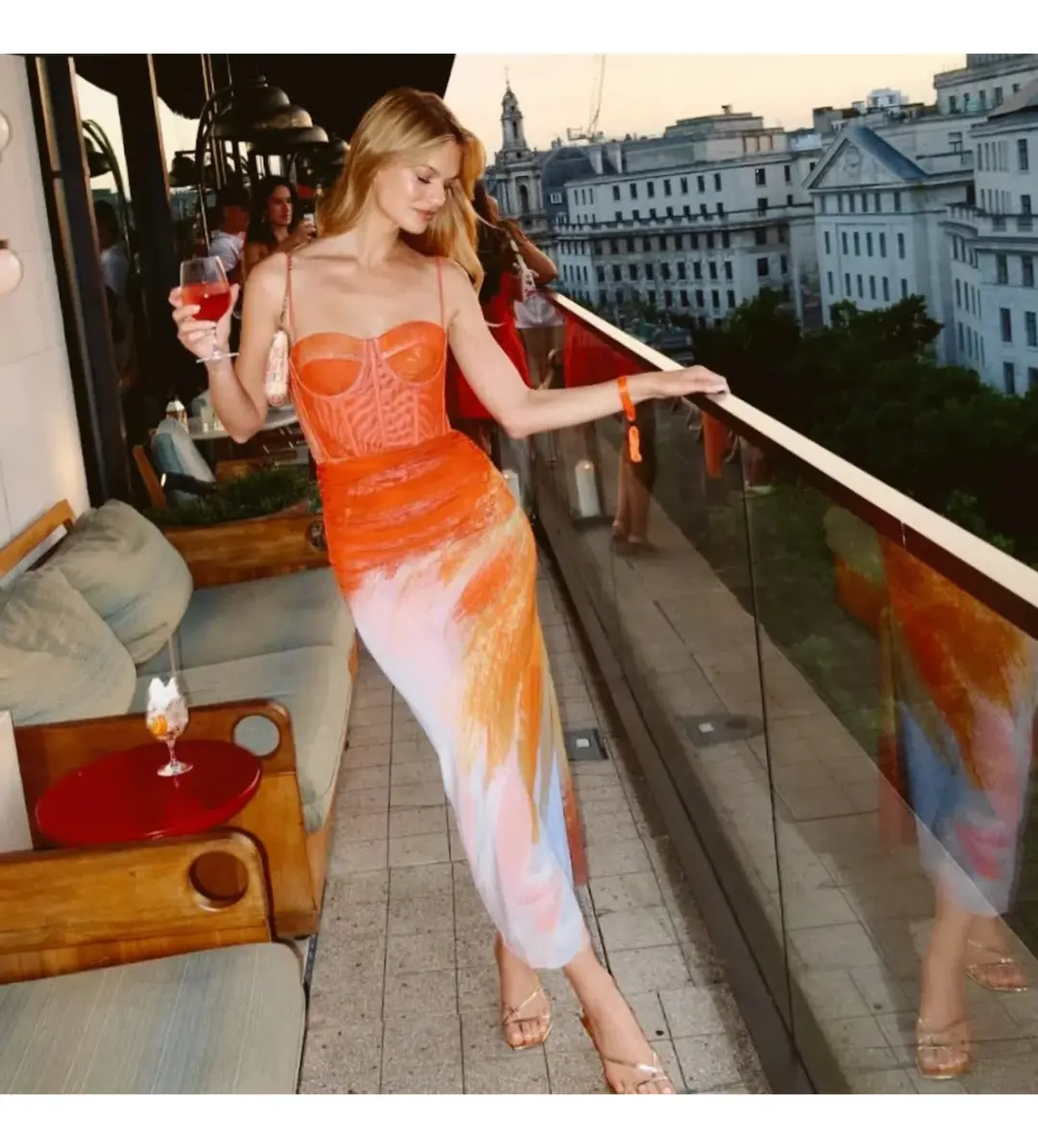 Rebecca Vallance Frida Corset Midi Dress Orange Size AU 8 for rent on The Volte - main image