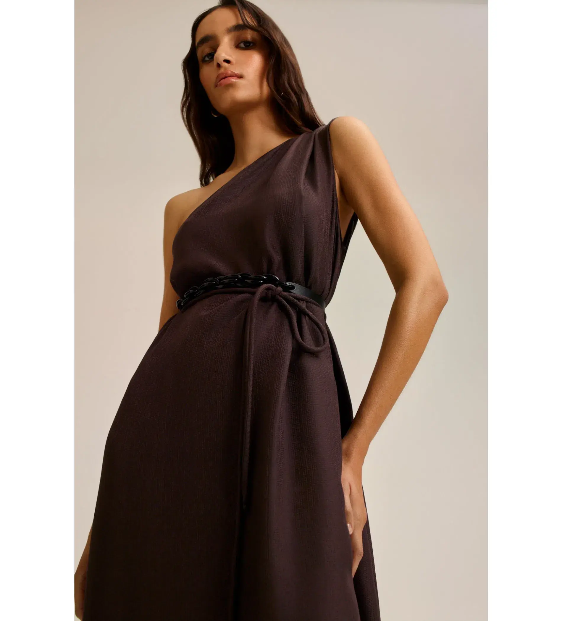 Scanlan Theodore Silk Jacquard One Shoulder Dress Brown Size 6  - Image 2