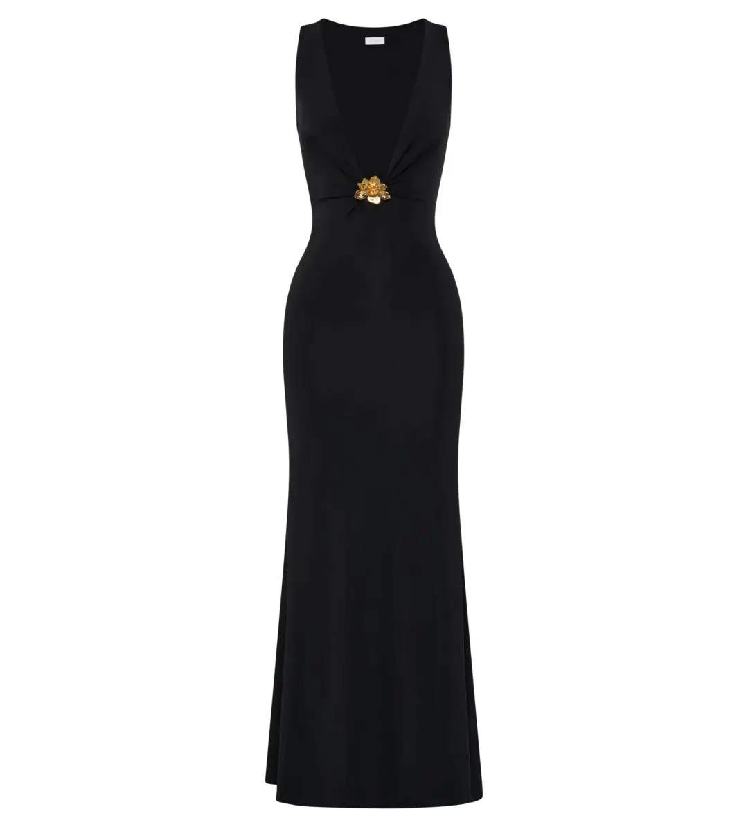 MESHKI Beck Plunge Maxi Dress Black with Floral Hardware Size S AU 8 for rent on The Volte - main image
