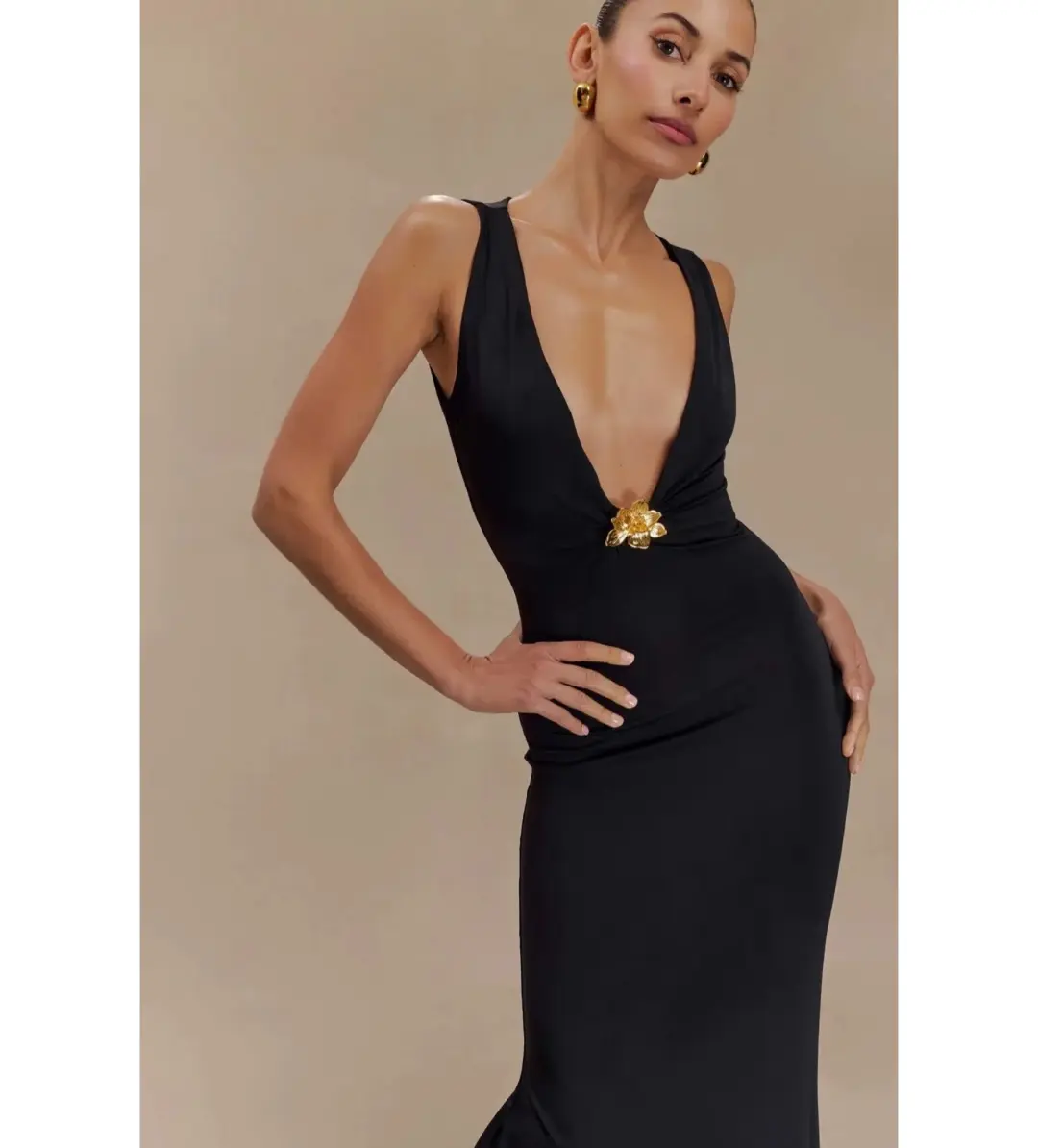MESHKI Beck Plunge Maxi Dress Black with Floral Hardware Size S AU 8 for rent on The Volte - main image