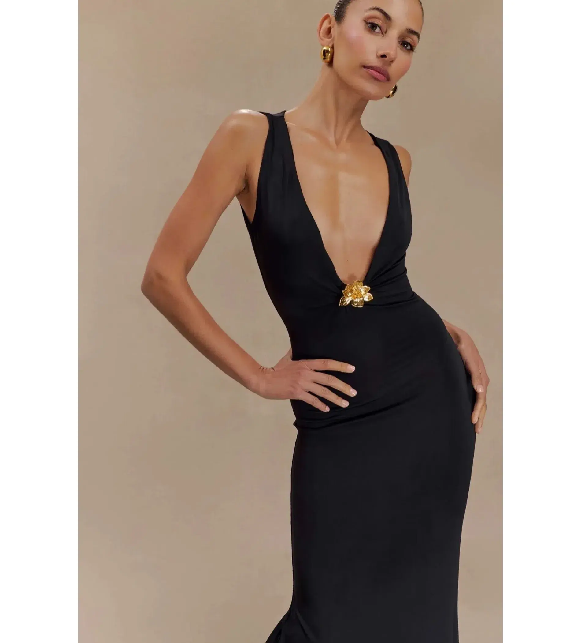 MESHKI Beck Plunge Maxi Dress Black with Floral Hardware Size S AU 8 - Image 3