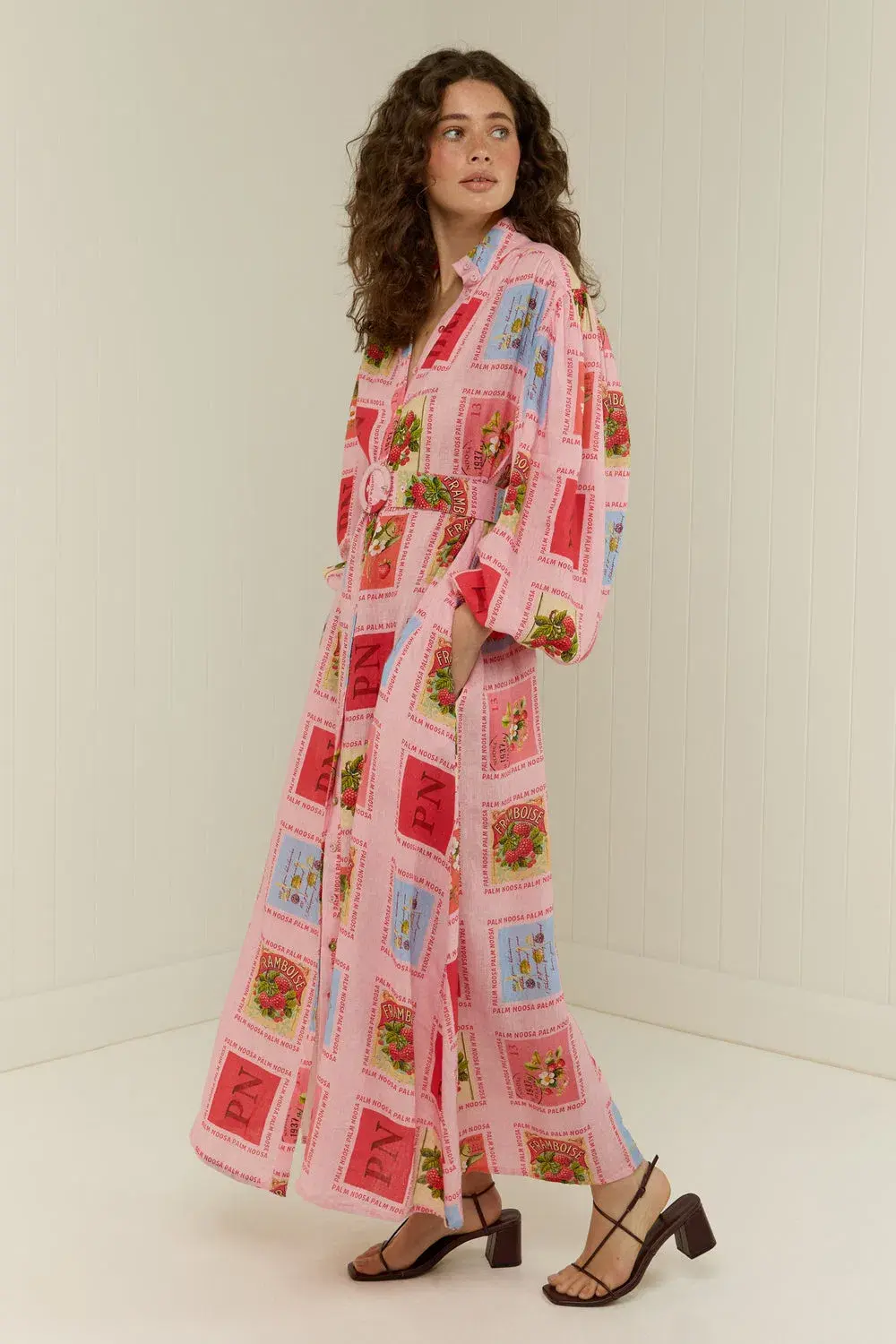 Palm Noosa Noddy Shirt Maxi Dress in Strawberry Stamp Print Size AU 10  for rent on The Volte - main image