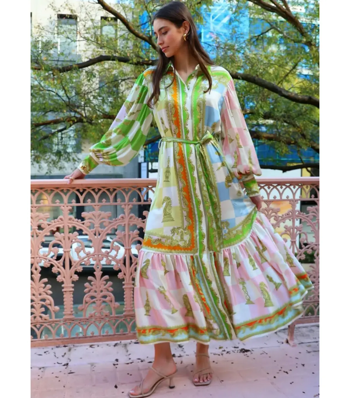 Alemais Checkmate Silk Midi Shirtdress Multi Print Size AU 14 - Image 3