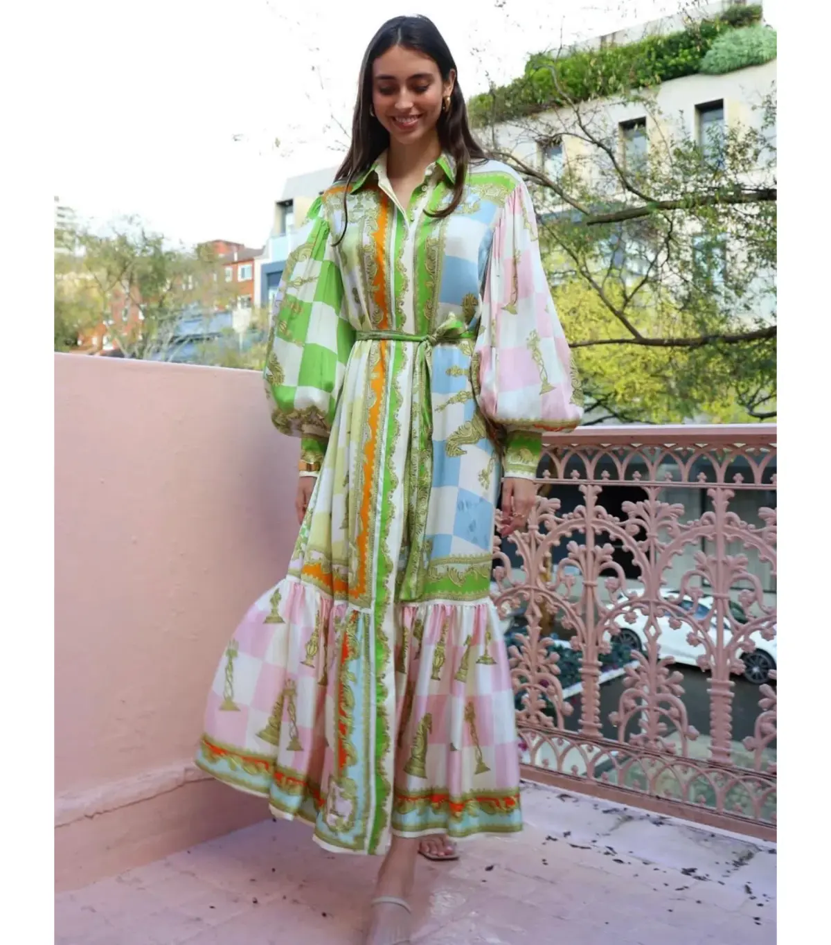Alemais Checkmate Silk Midi Shirtdress Multi Print Size AU 14 - Image 1