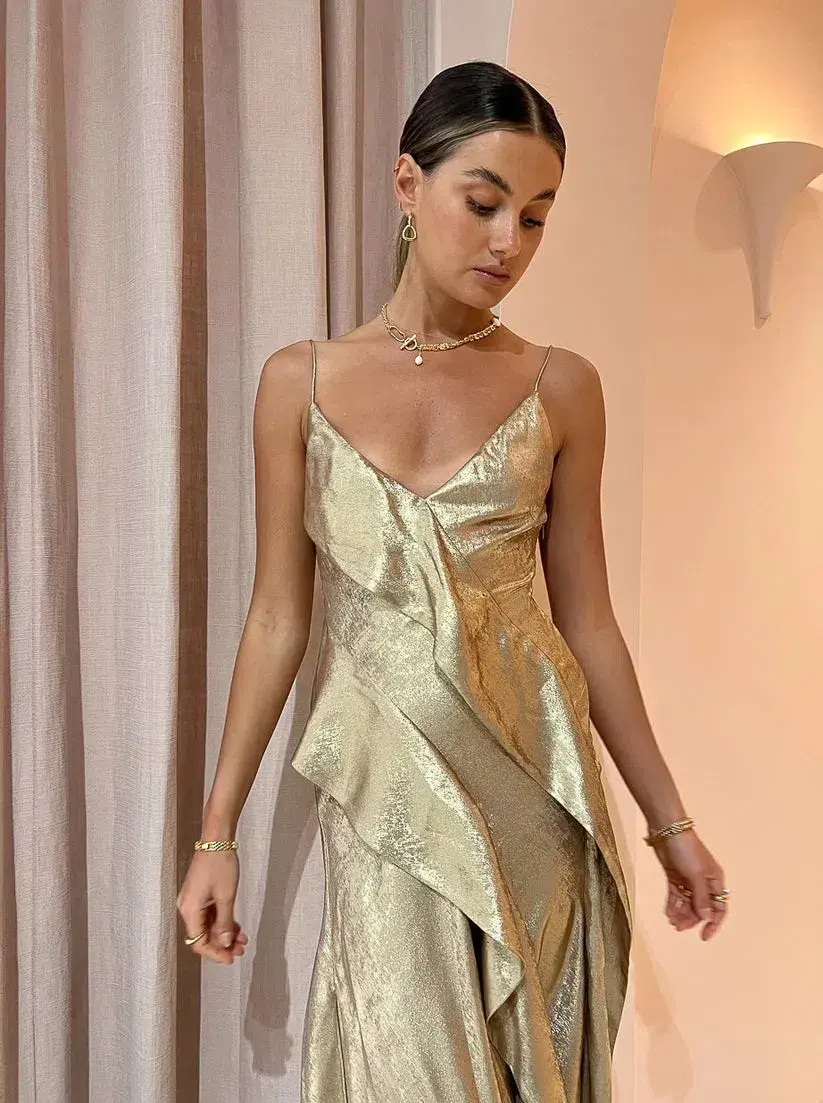 Acler Queensbridge Midi Dress Gold Size 10 - Image 3