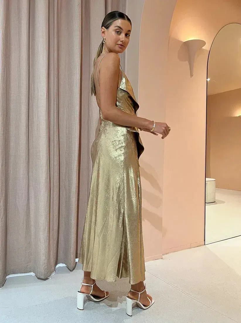 Acler Queensbridge Midi Dress Gold Size 10 - Image 4