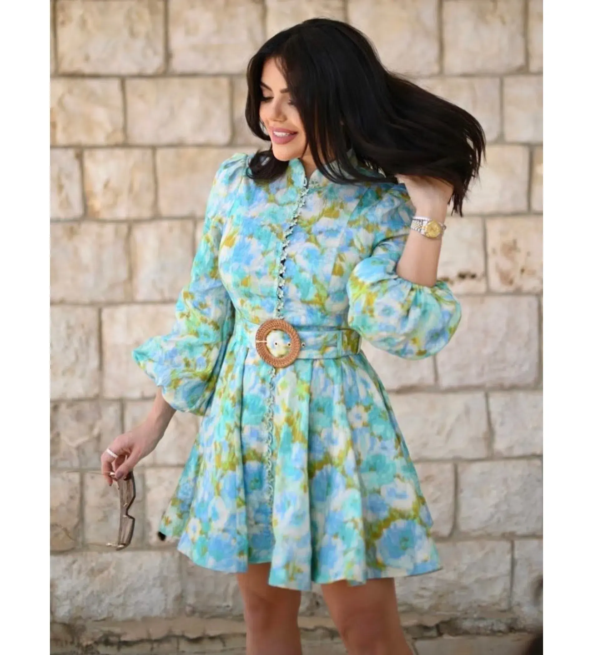 Zimmermann High Tide Buttoned Mini Dress Aqua Ikat Floral Size 0 AU 8 - Image 6