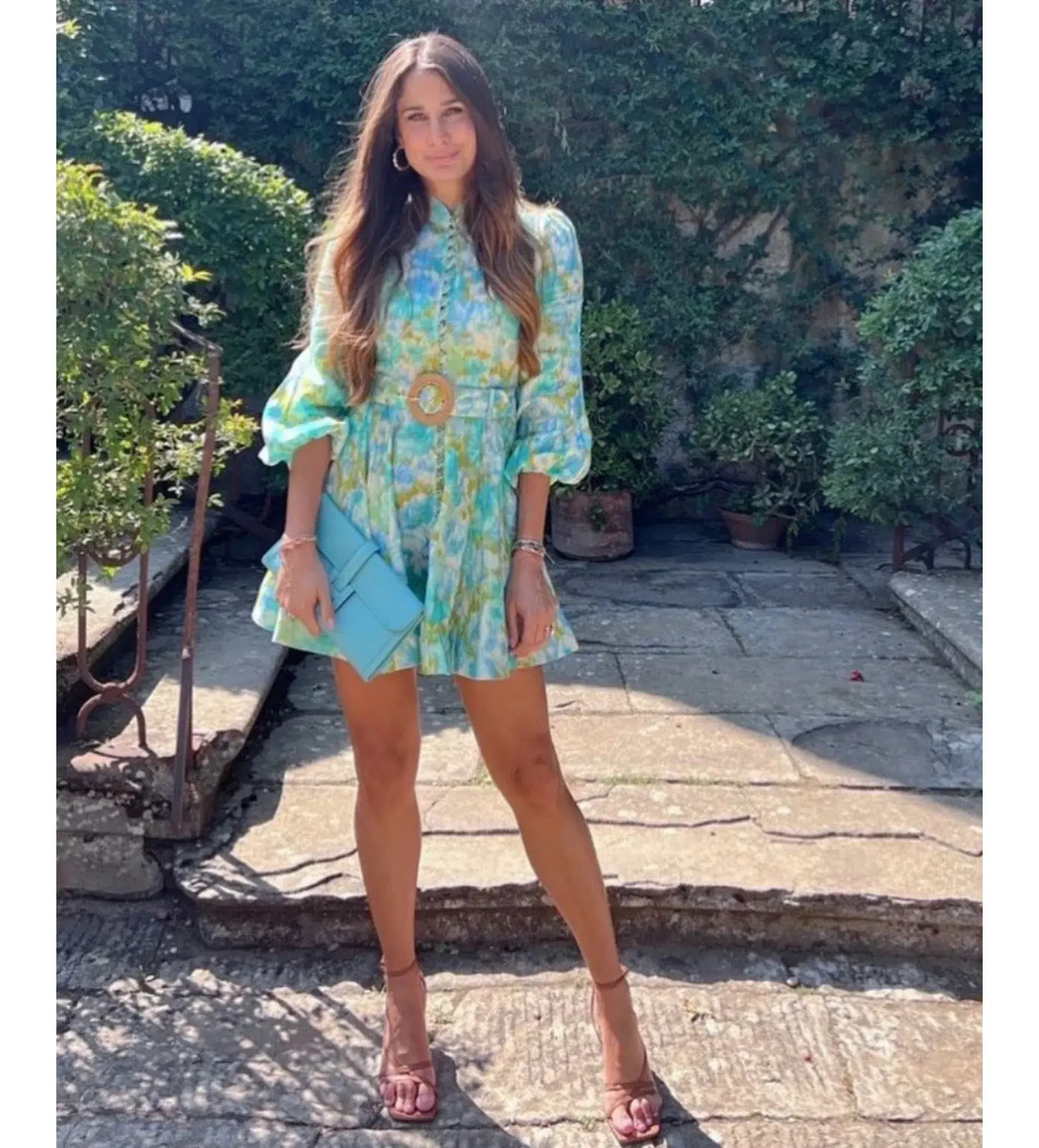 Zimmermann High Tide Buttoned Mini Dress Aqua Ikat Floral Size 0 AU 8 - Image 1