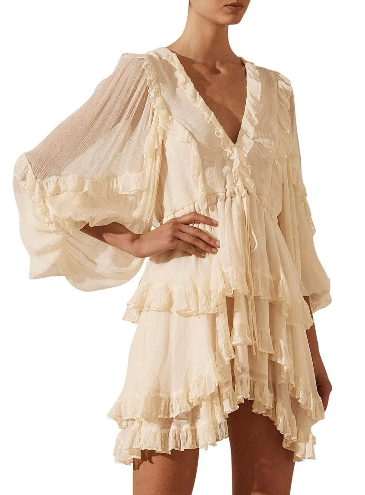 Shona Joy Iris Balloon Sleeve Mini Dress Cream Size AU 8 - Image 3
