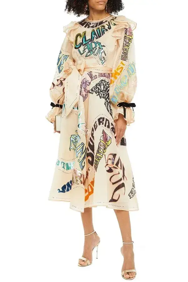 Zimmermann Ladybeetle Embelished Ruffled Silk-Satin Midi Dress Cream Print Size 0 / AU 6 - Image 1