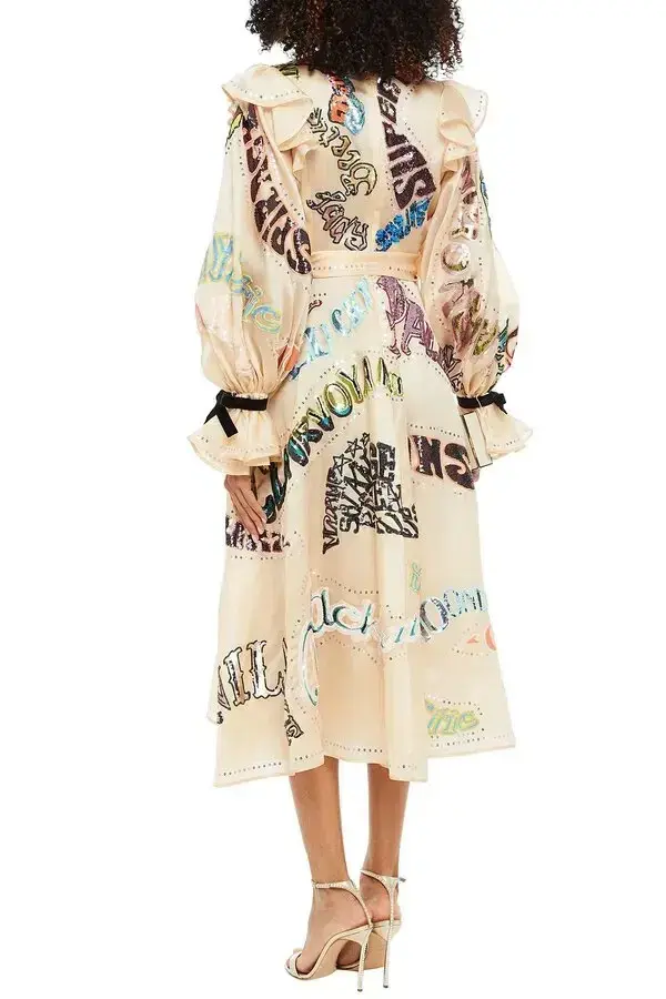 Zimmermann Ladybeetle Embelished Ruffled Silk-Satin Midi Dress Cream Print Size 0 / AU 6 - Image 2