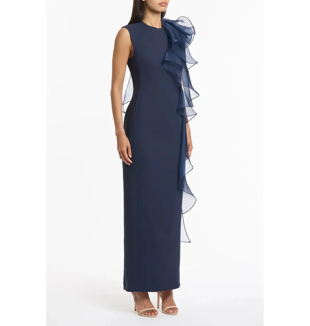 Carla Zampatti Crepe Ruffle Shoulder Gown Navy Size 12 for rent on The Volte - main image