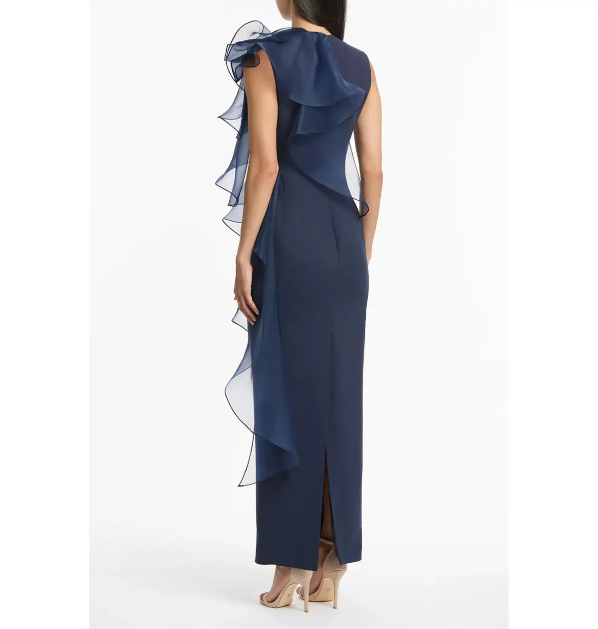 Carla Zampatti Crepe Ruffle Shoulder Gown Navy Size 12 - Image 3