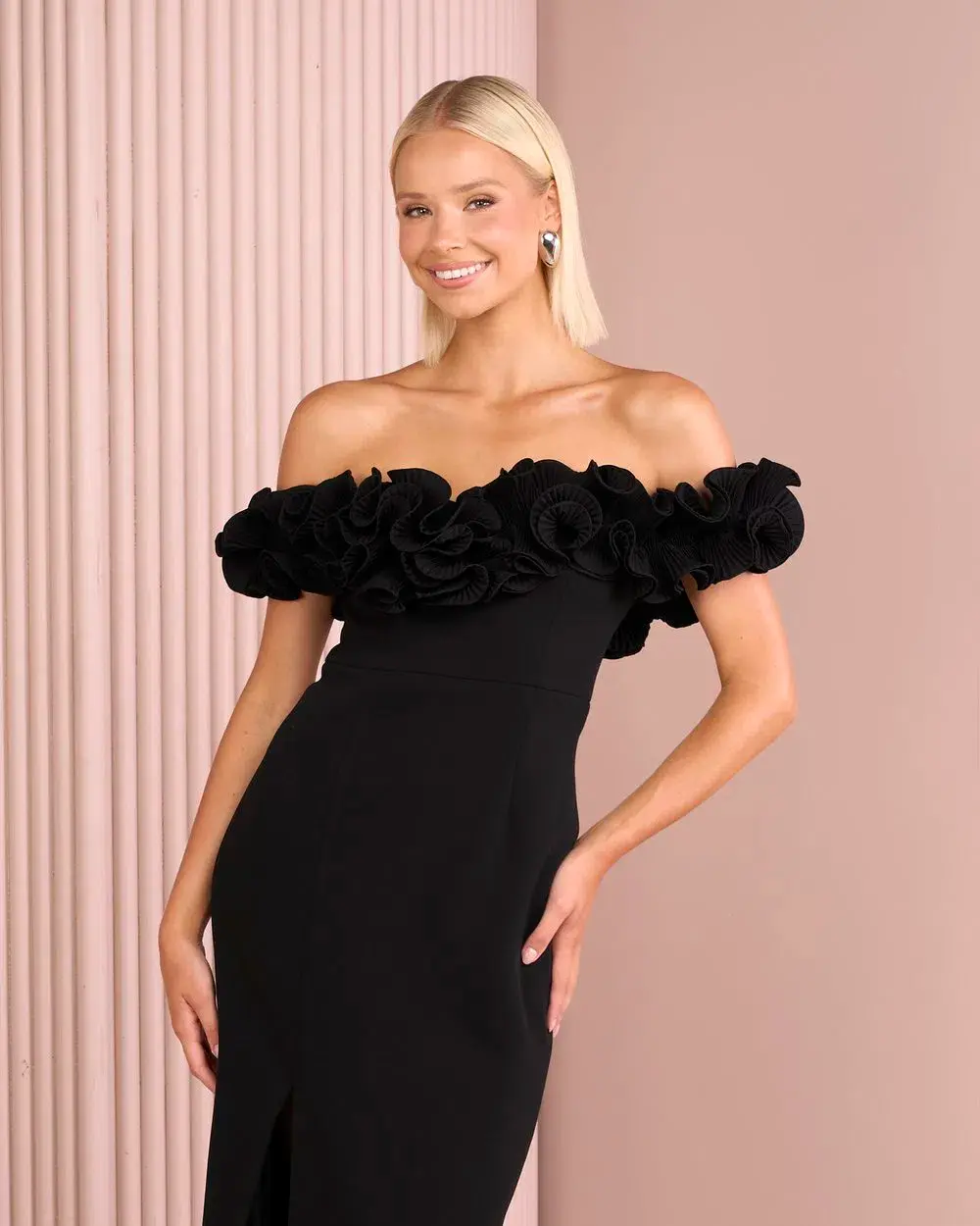 Elle Zeitoune Farley Frill Off Shoulder Maxi Gown Black Size AU 10 for rent on The Volte - main image