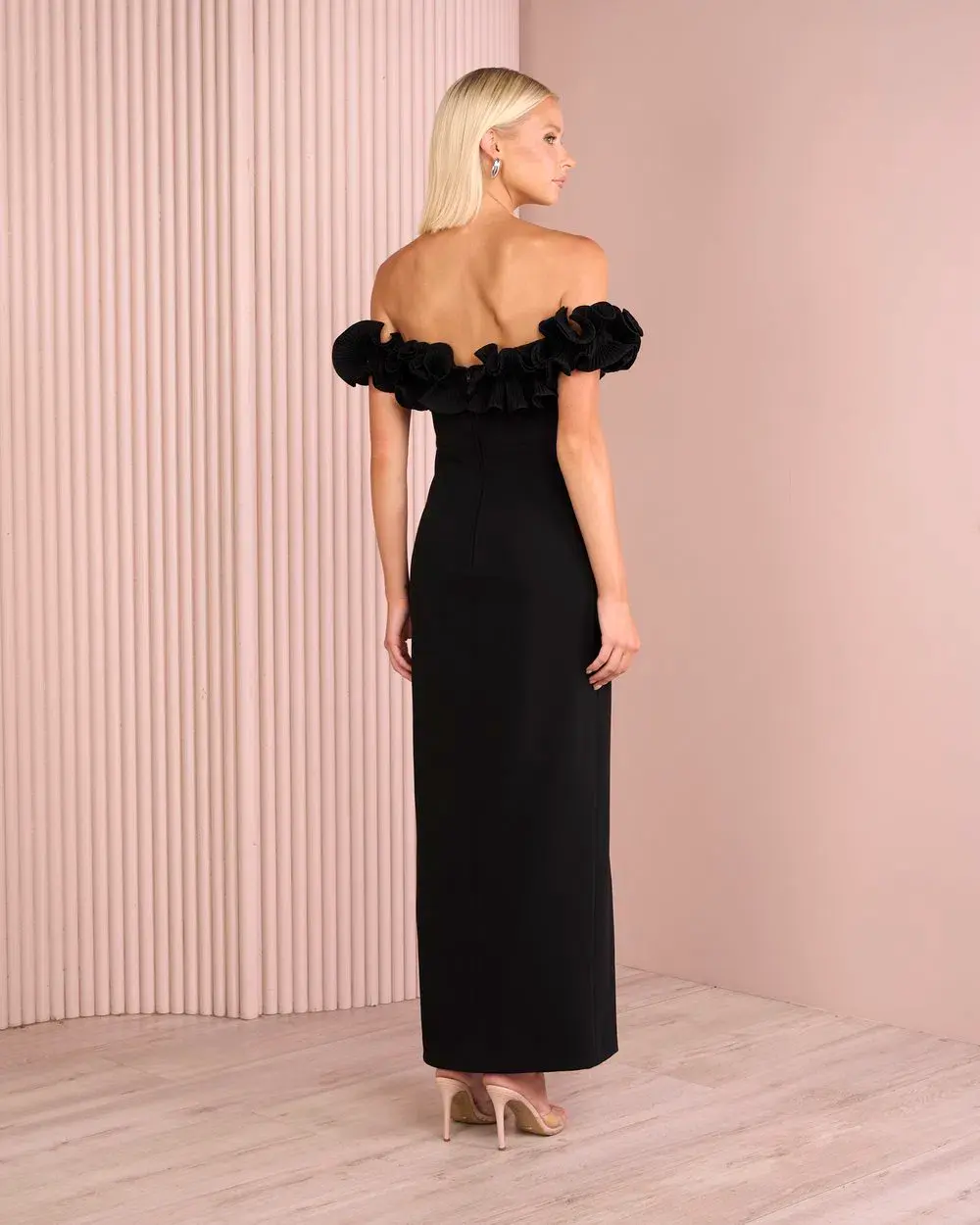 Elle Zeitoune Farley Frill Off Shoulder Maxi Gown Black Size AU 10 - Image 4